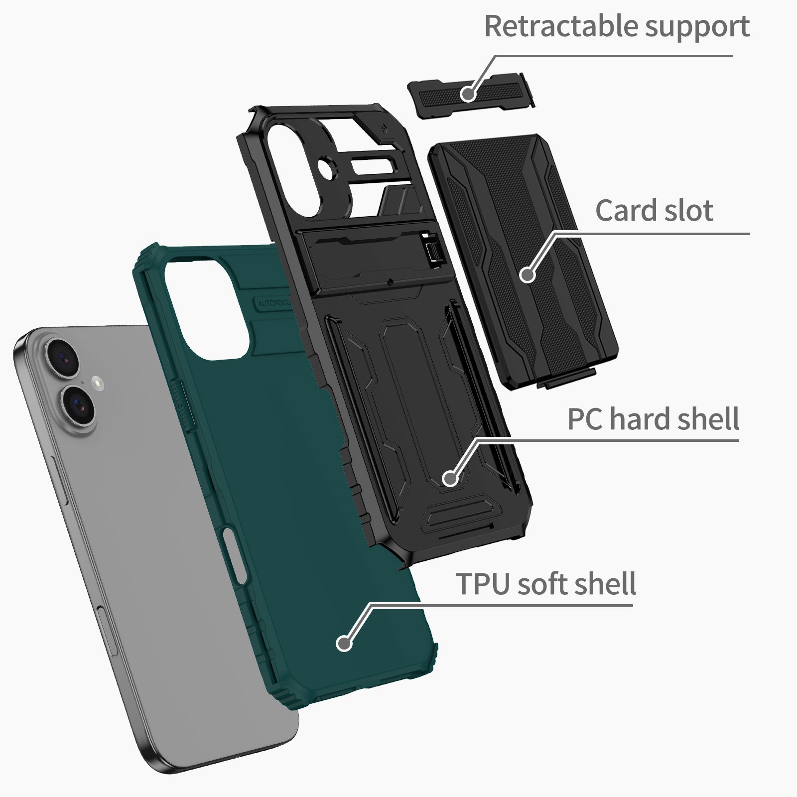 iPhone 16 Plus Heavy Duty Kickstand Card Holder Case Shockproof Teal