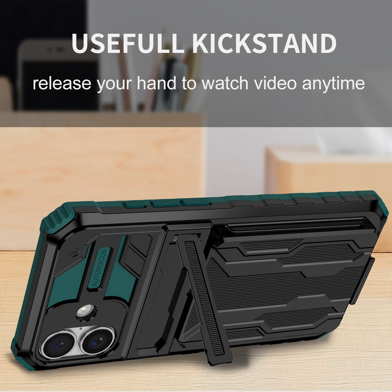 iPhone 16 Plus Heavy Duty Kickstand Card Holder Case Shockproof Teal