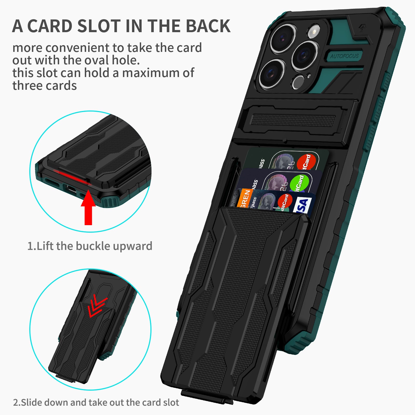 iPhone 16 Pro Heavy Duty Kickstand Card Holder Case Shockproof Teal