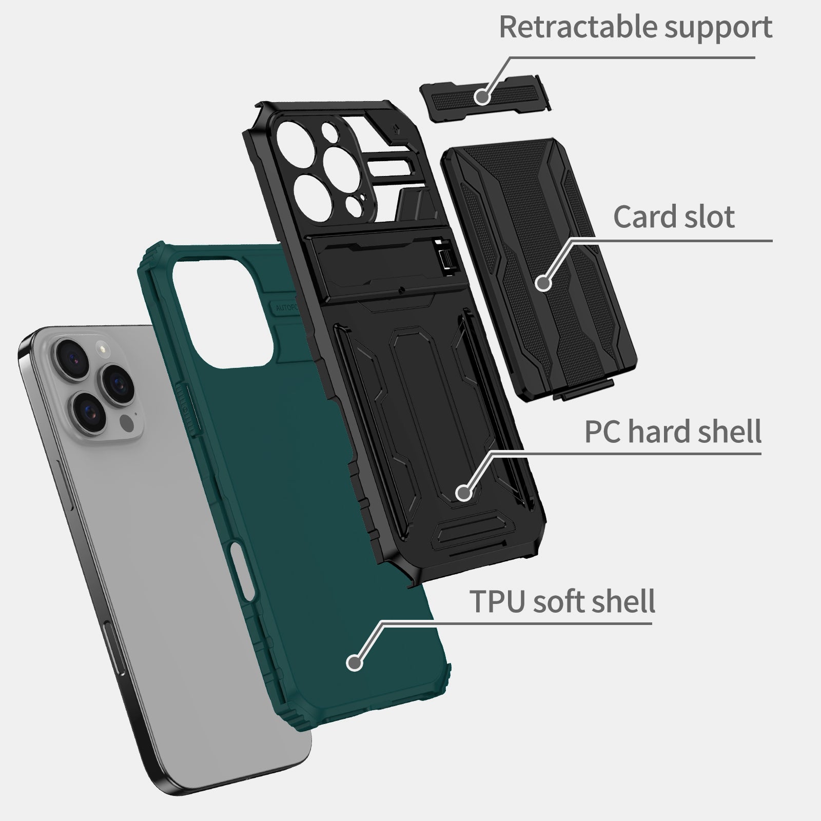 iPhone 16 Pro Heavy Duty Kickstand Card Holder Case Shockproof Teal