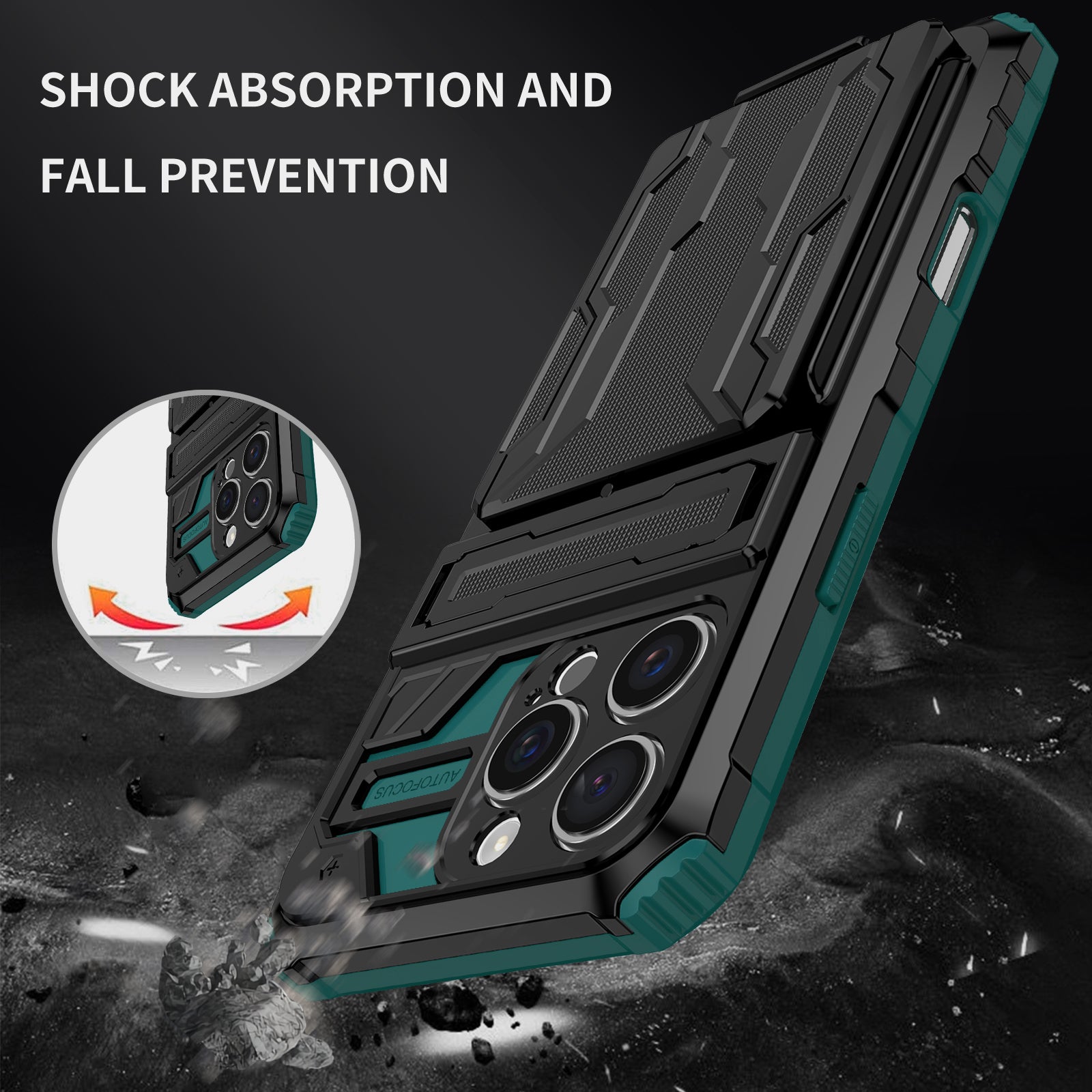 iPhone 16 Pro Heavy Duty Kickstand Card Holder Case Shockproof Teal