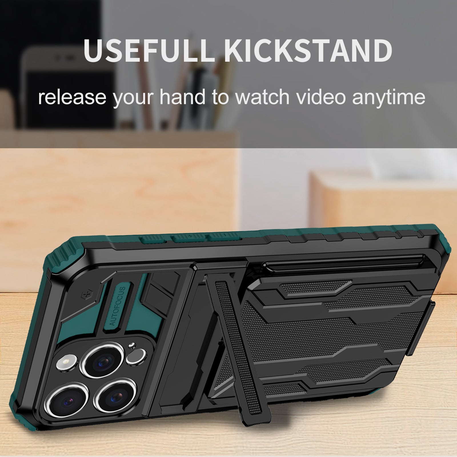 iPhone 16 Pro Heavy Duty Kickstand Card Holder Case Shockproof Teal