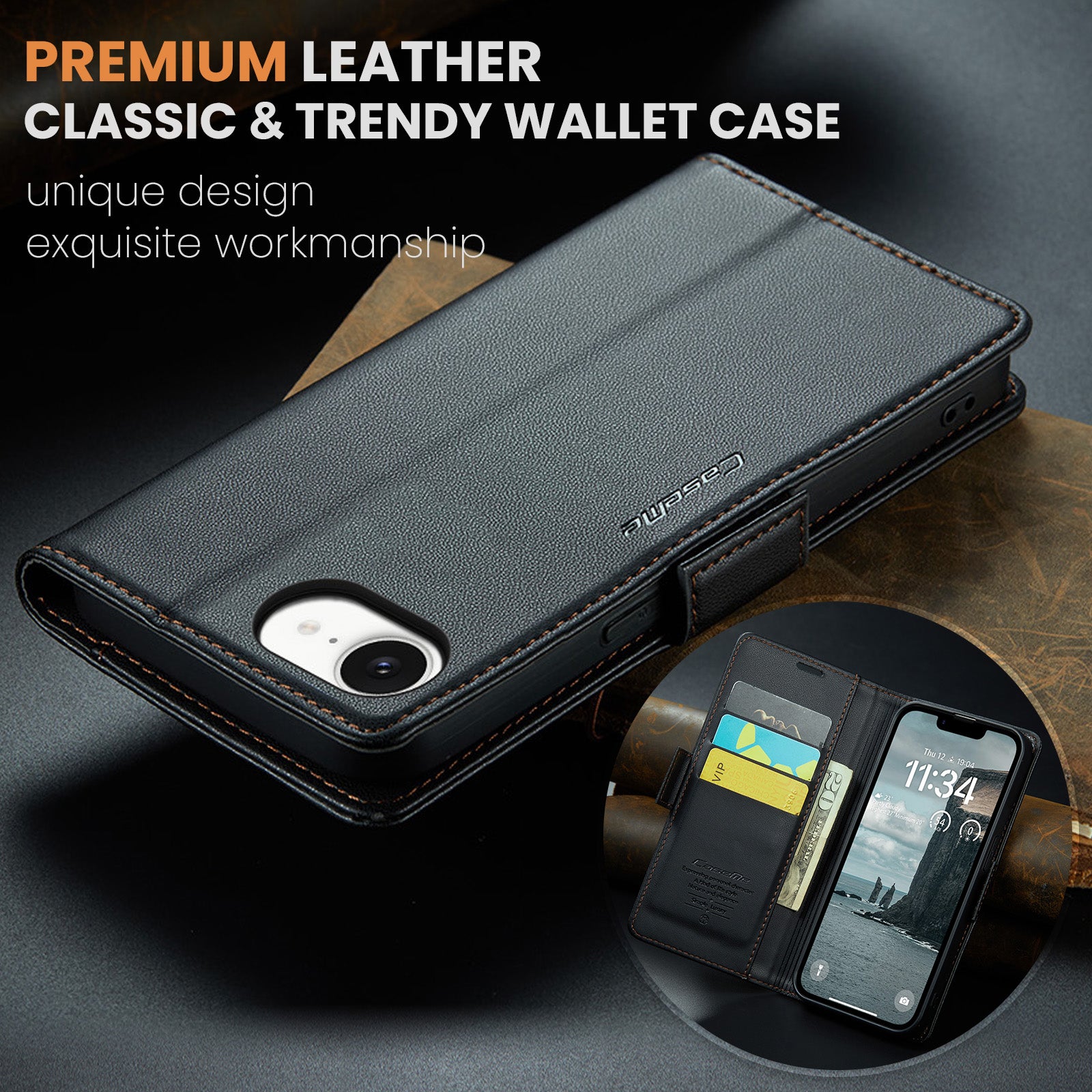 iPhone 16e 17e CaseMe Retro Wallet Case Black