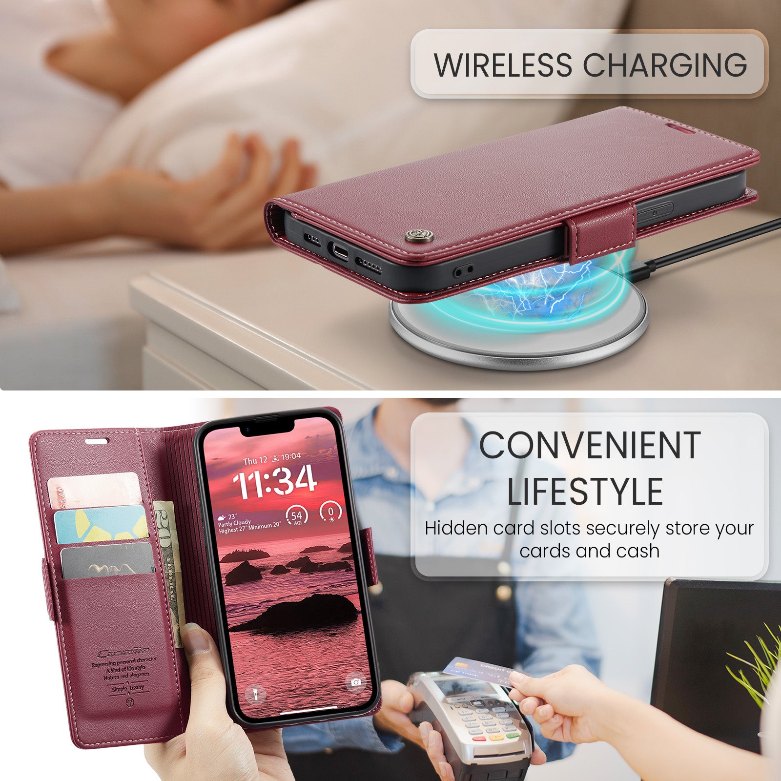 iPhone 16e 17e CaseMe Retro Wallet Case Maroon