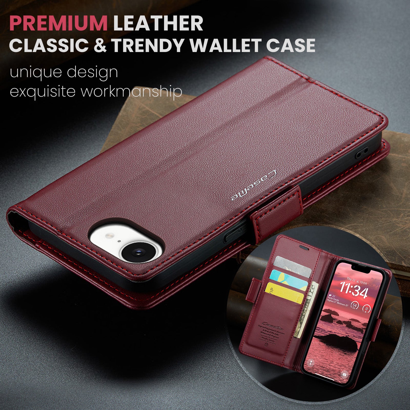 iPhone 16e 17e CaseMe Retro Wallet Case Maroon