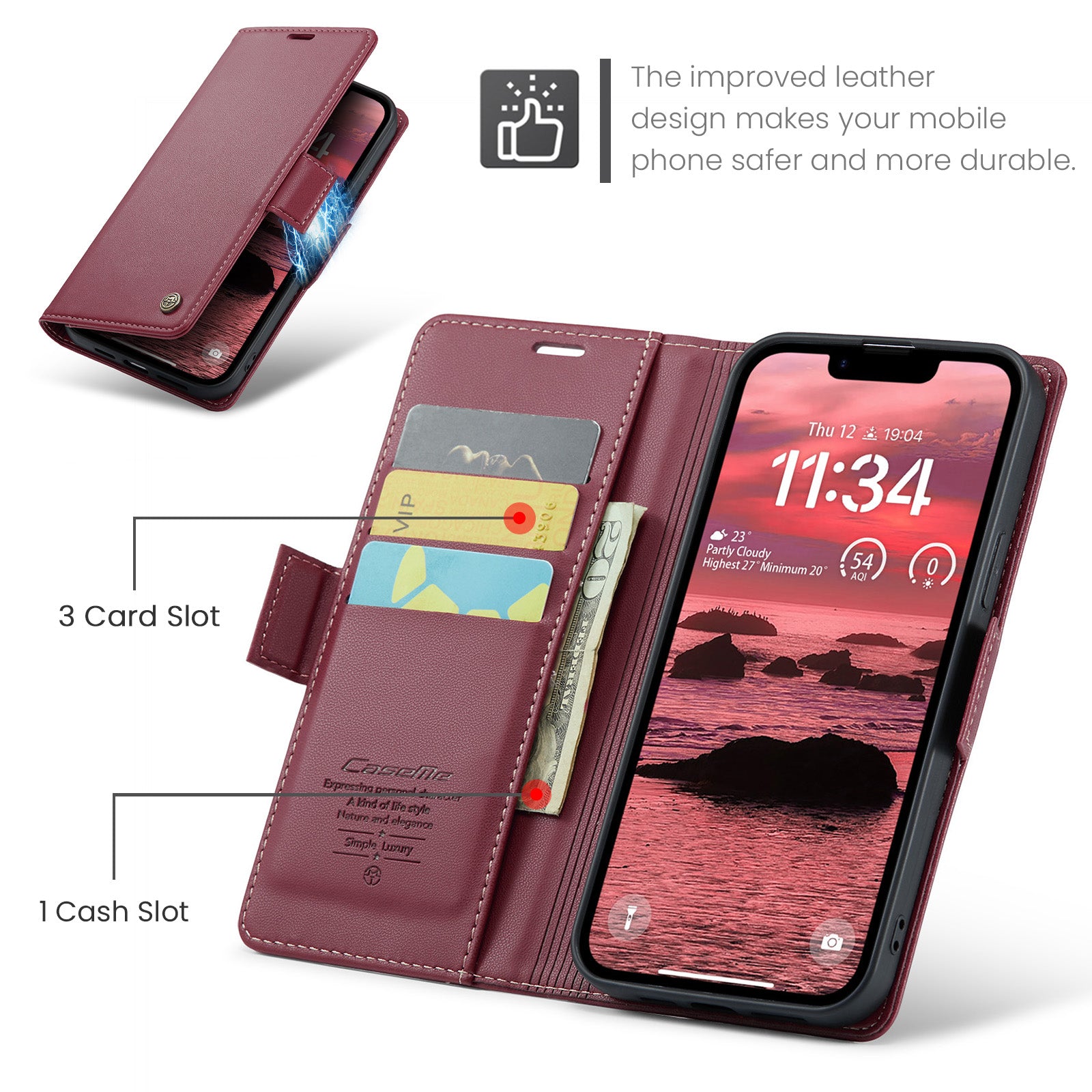 iPhone 16e 17e CaseMe Retro Wallet Case Maroon