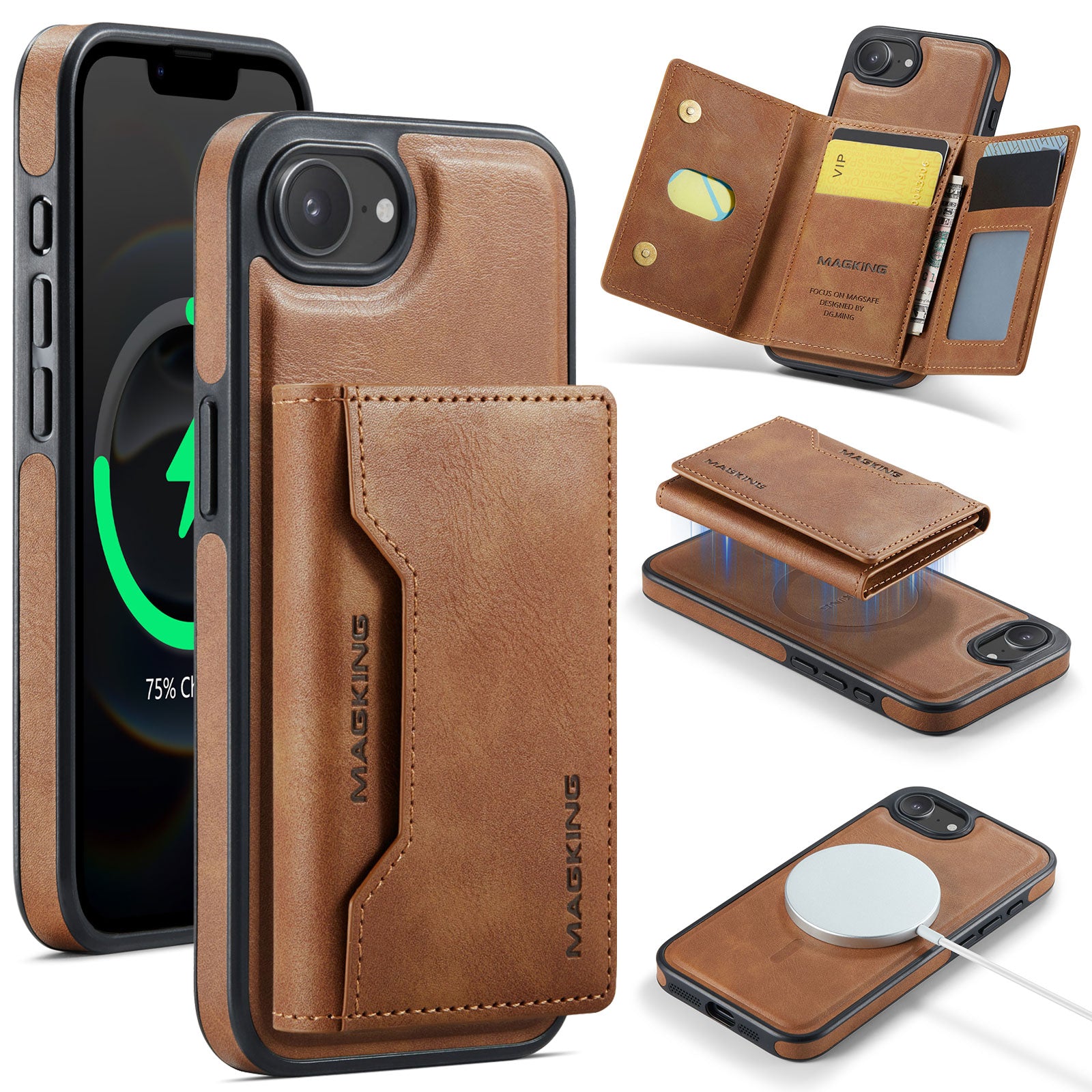 iPhone 16e 17e DG.Ming MagSafe Wallet Case Brown