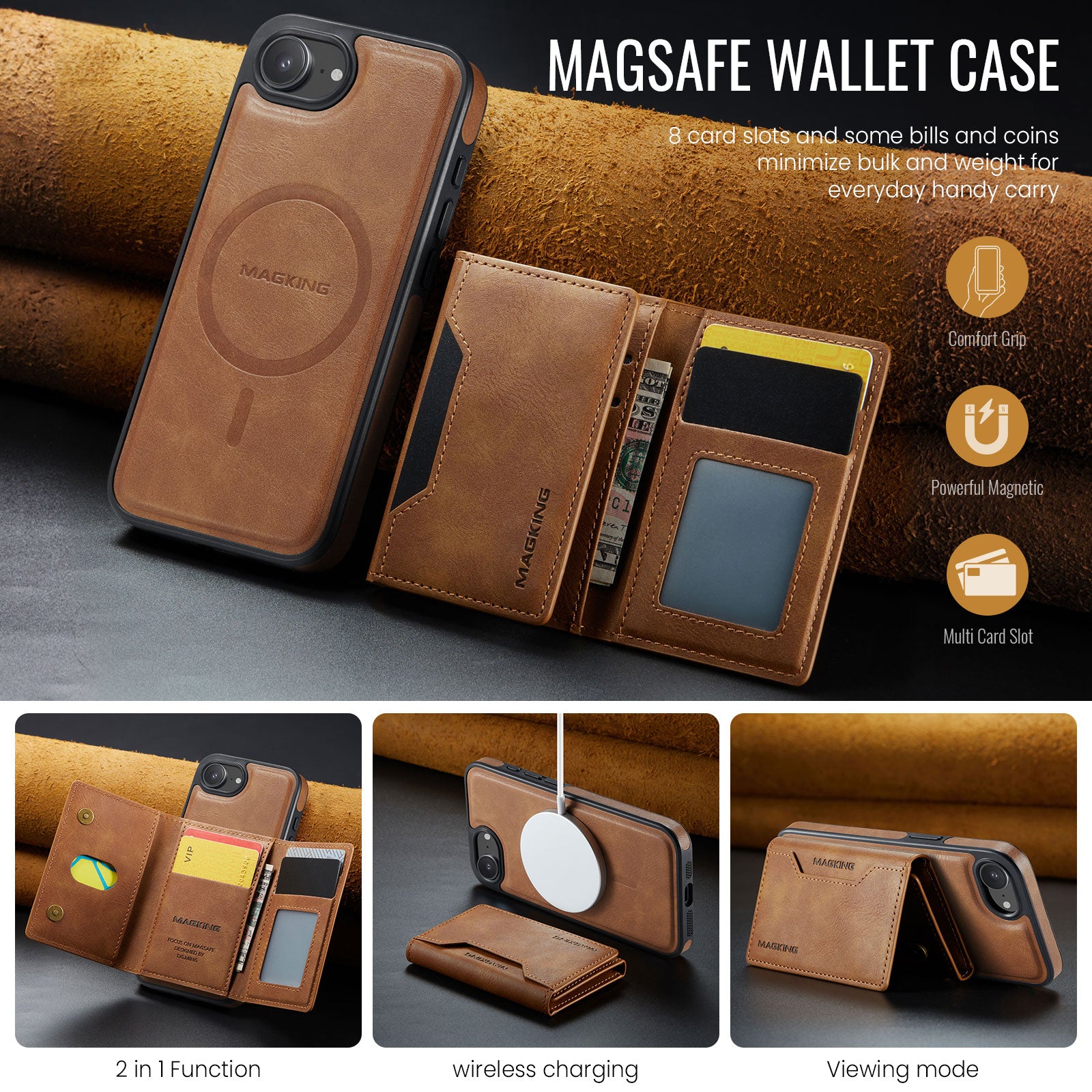 iPhone 16e 17e DG.Ming MagSafe Wallet Case Brown