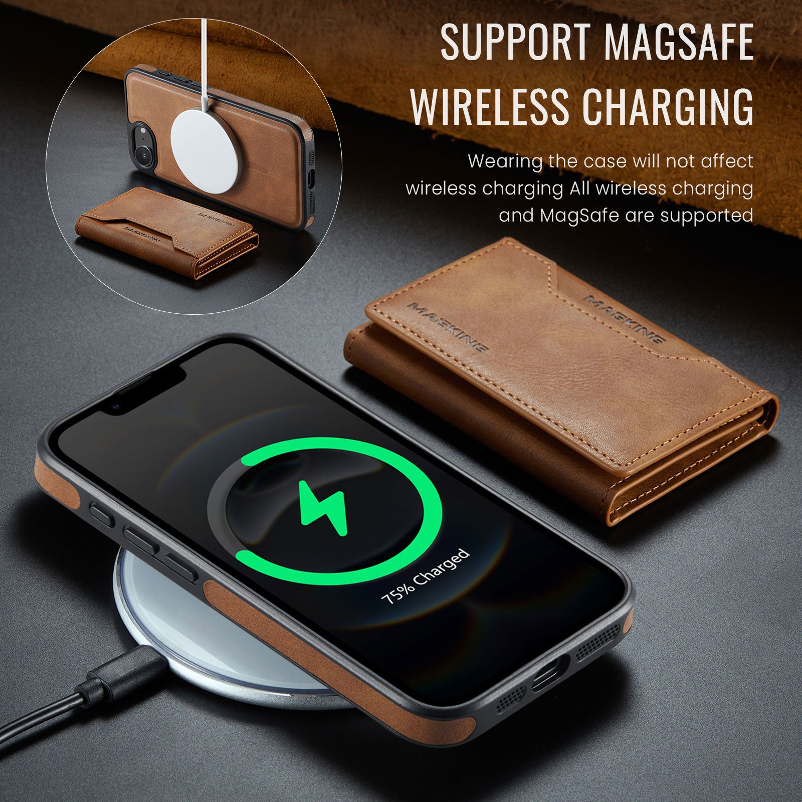 iPhone 16e 17e DG.Ming MagSafe Wallet Case Brown