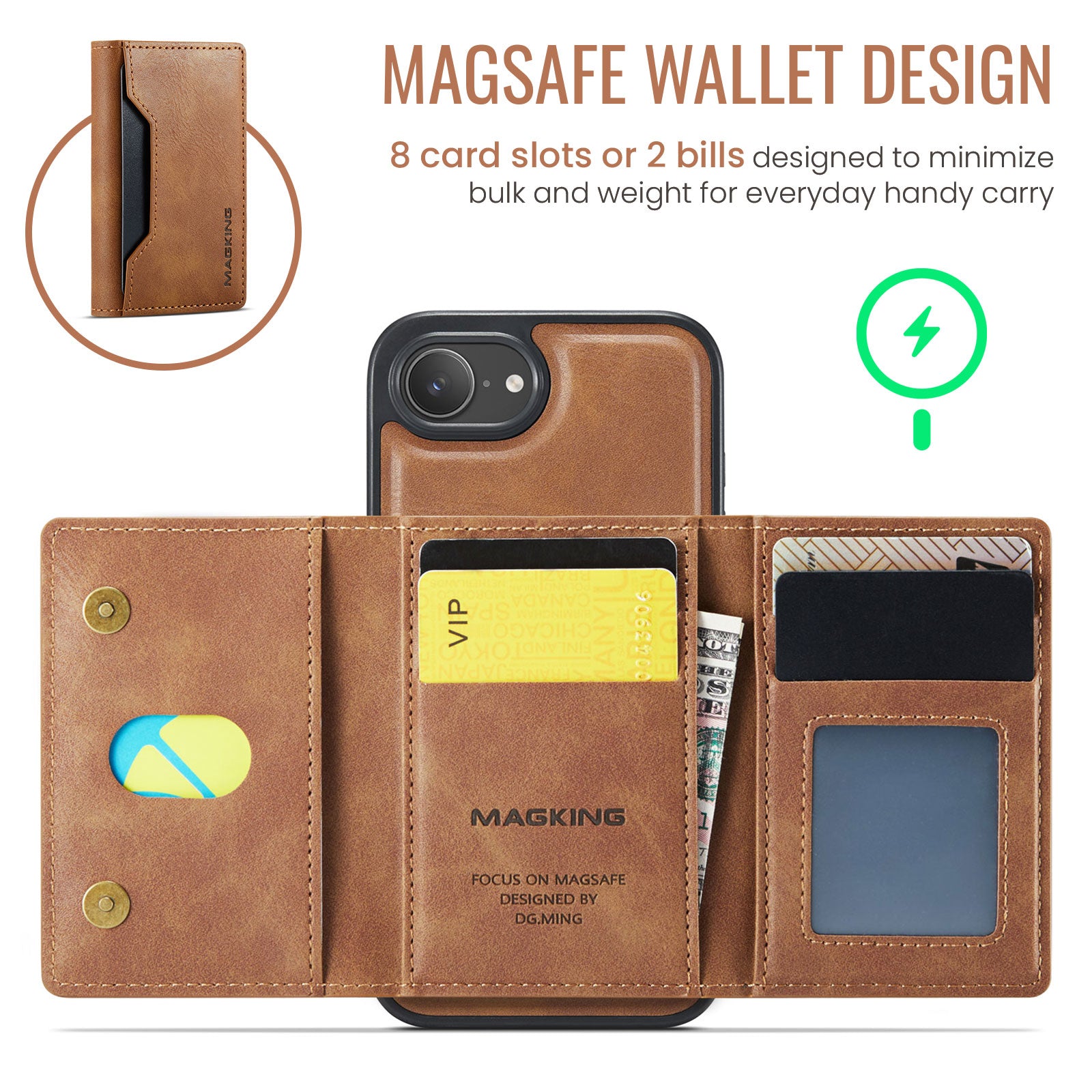 iPhone 16e 17e DG.Ming MagSafe Wallet Case Brown