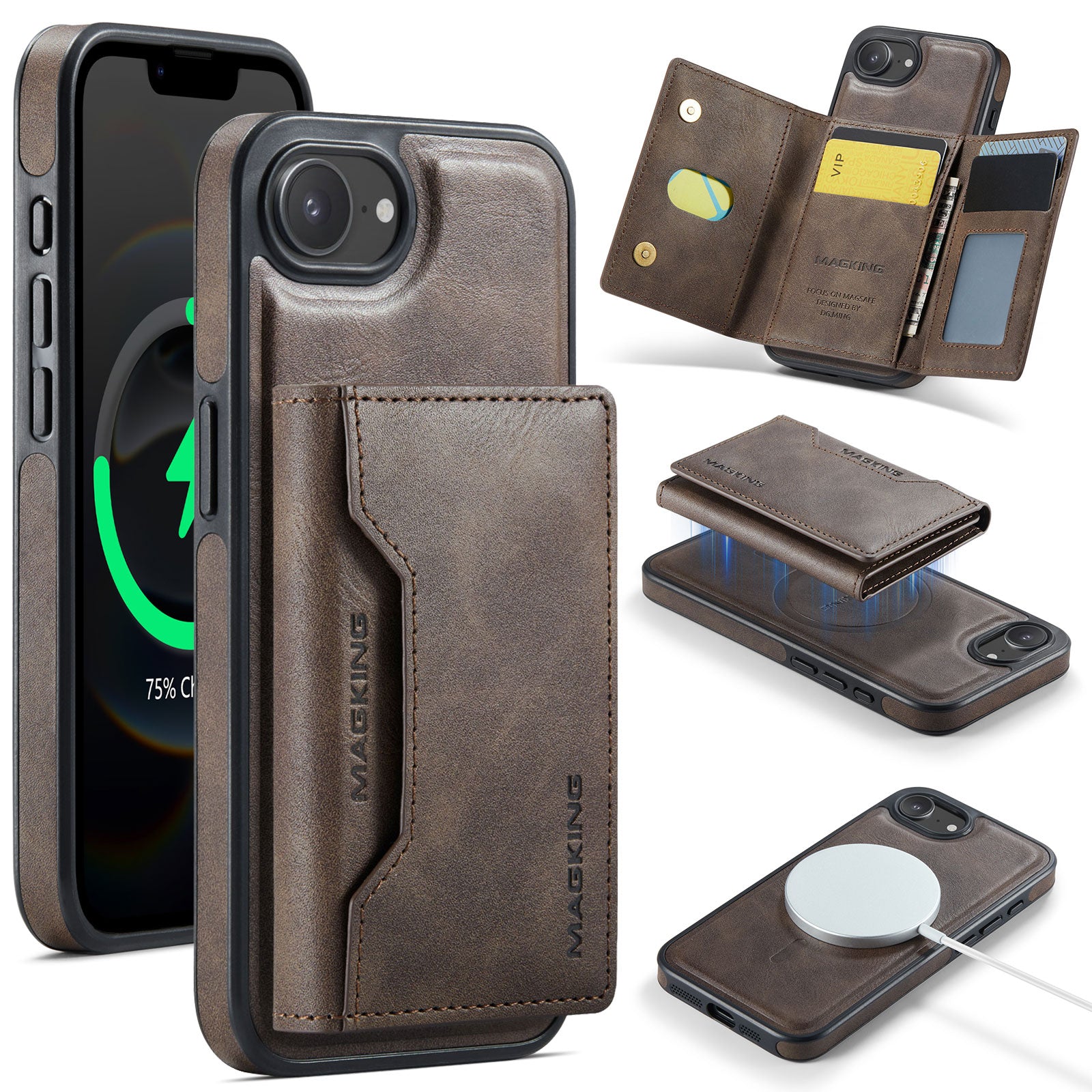 iPhone 16e 17e DG.Ming MagSafe Wallet Case Coffee