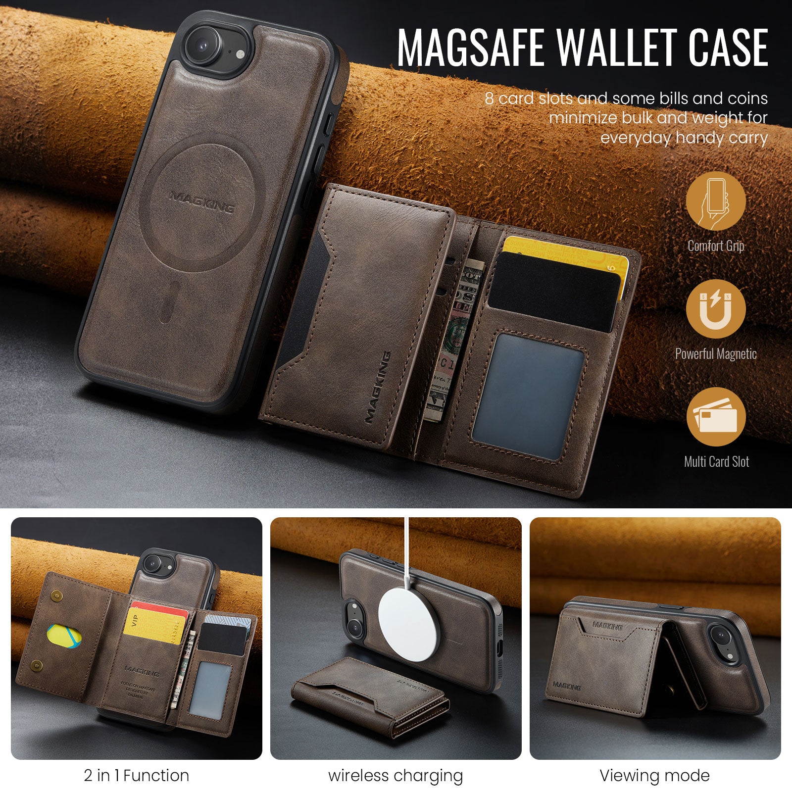 iPhone 16e 17e DG.Ming MagSafe Wallet Case Coffee