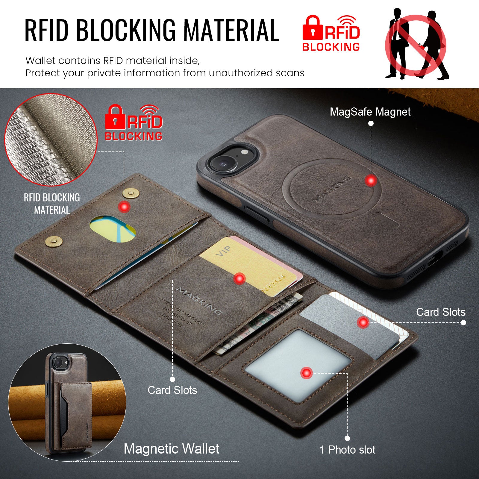 iPhone 16e 17e DG.Ming MagSafe Wallet Case Coffee