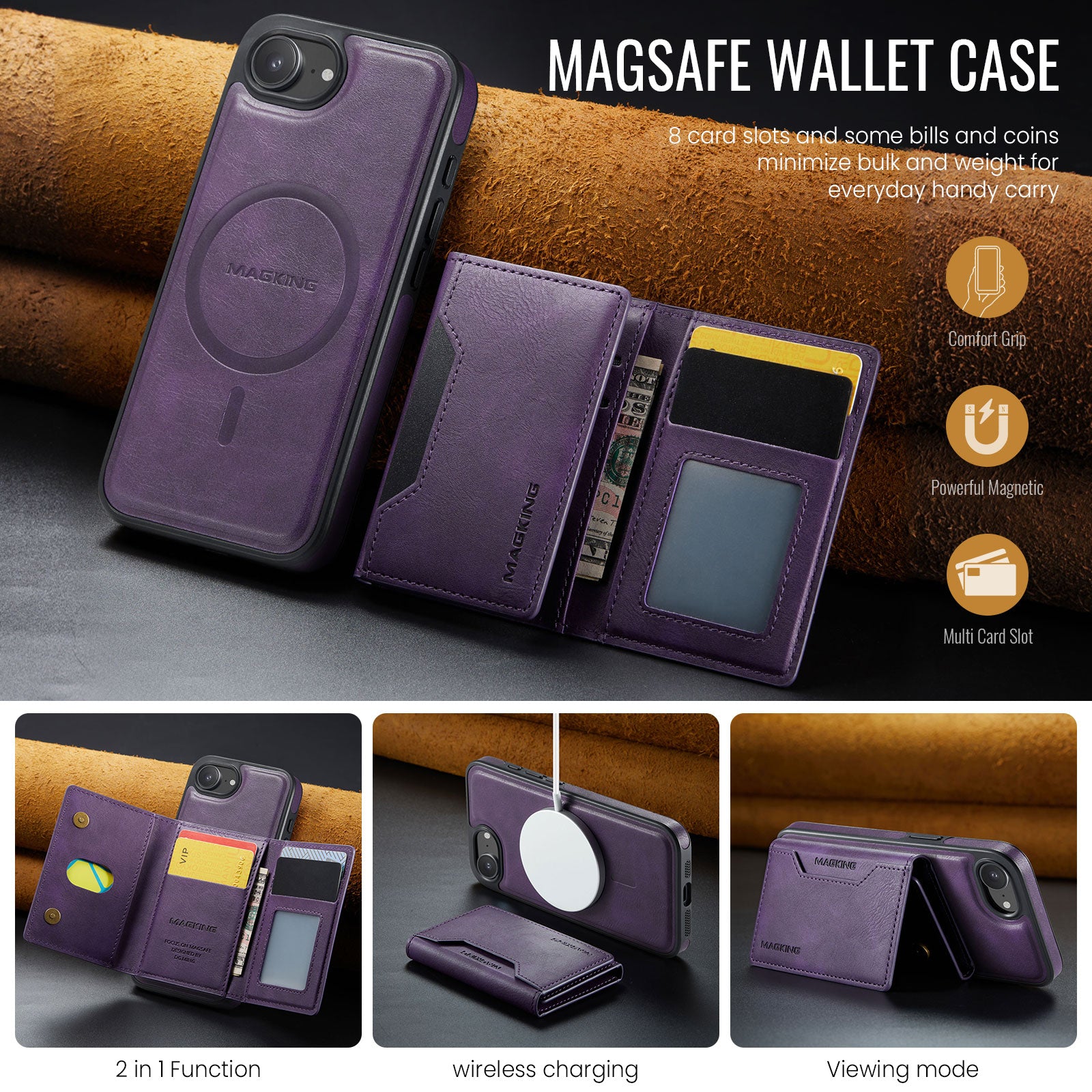 iPhone 16e 17e DG.Ming MagSafe Wallet Case Purple