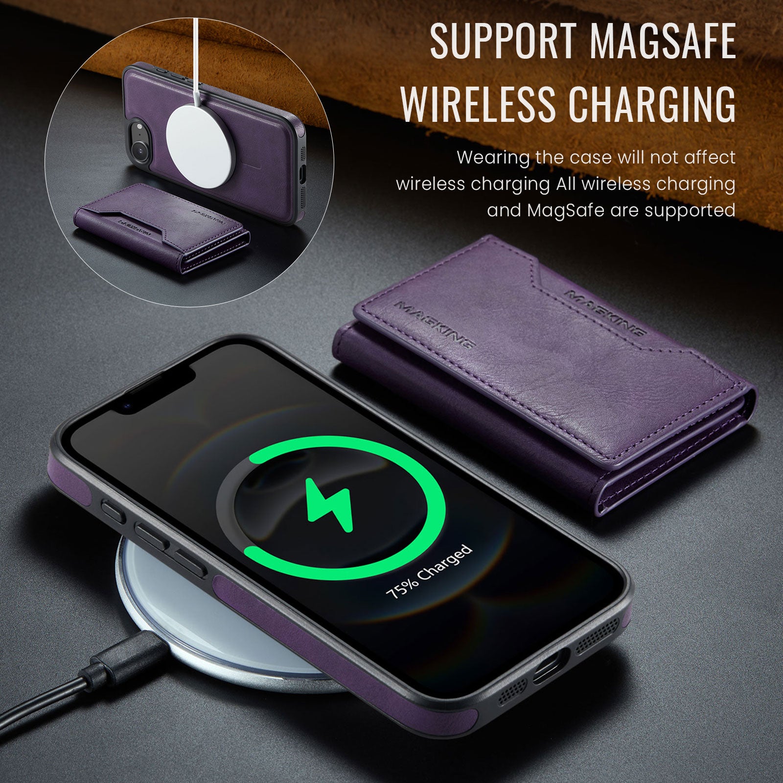 iPhone 16e 17e DG.Ming MagSafe Wallet Case Purple