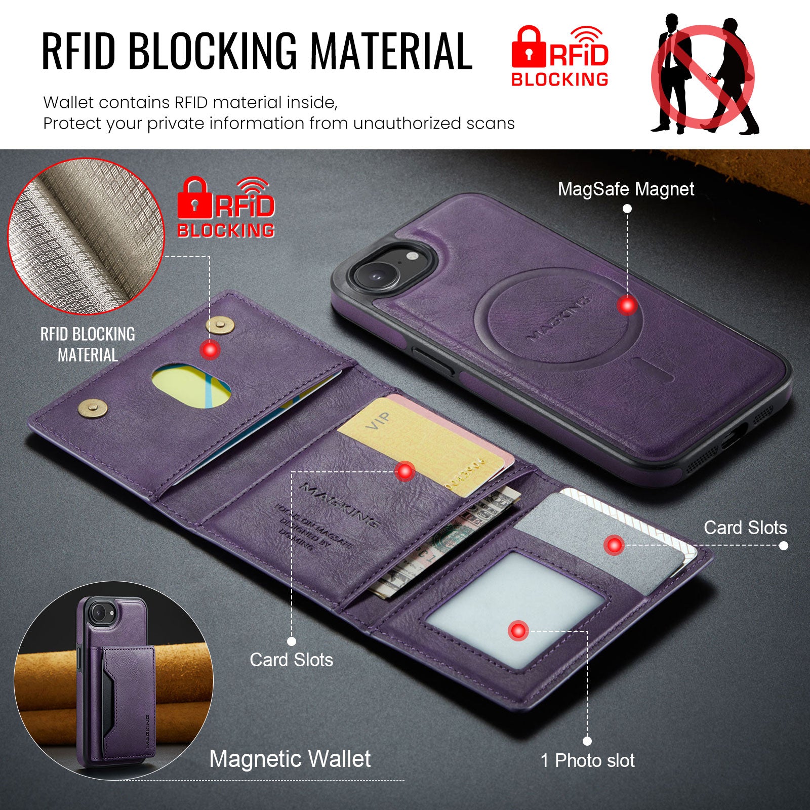 iPhone 16e 17e DG.Ming MagSafe Wallet Case Purple