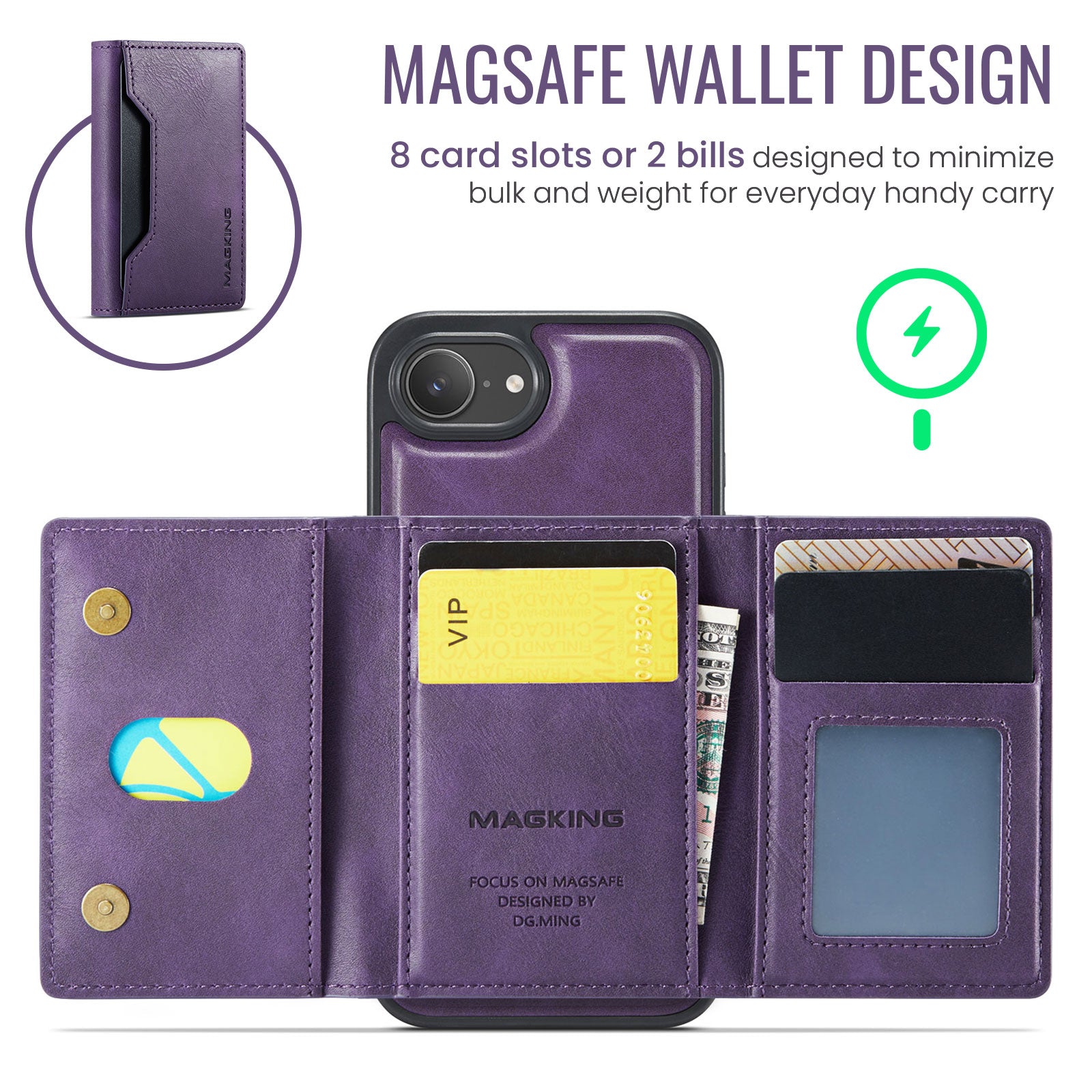 iPhone 16e 17e DG.Ming MagSafe Wallet Case Purple