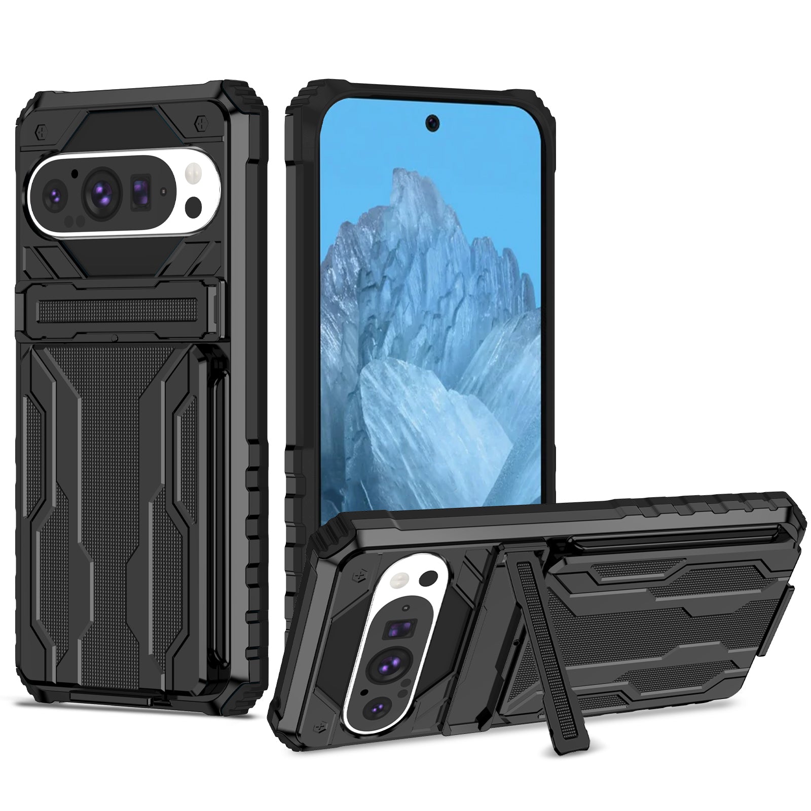 Google Pixel 9Pro Heavy Duty Kickstand Card Holder Case Shockproof Black