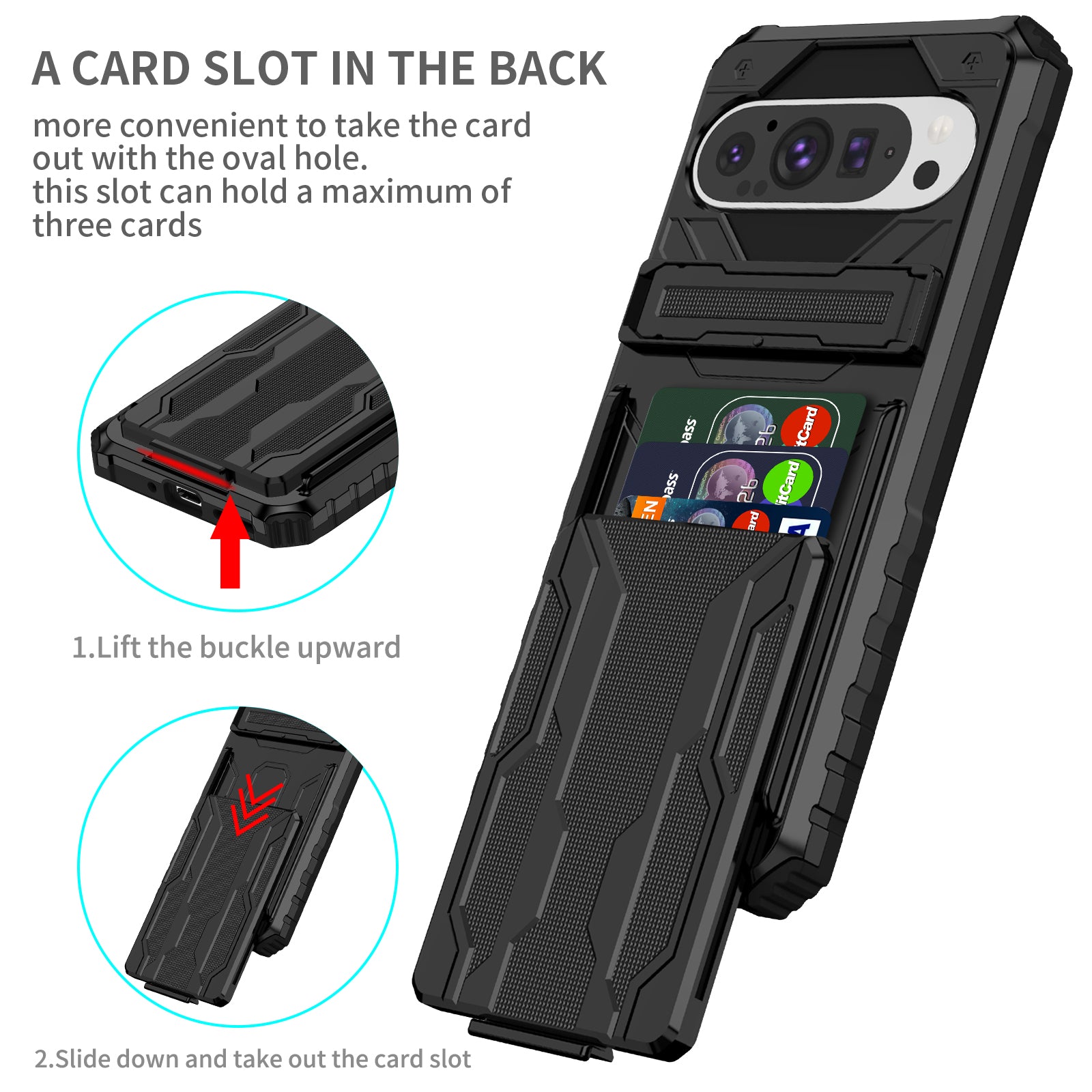 Google Pixel 9Pro Heavy Duty Kickstand Card Holder Case Shockproof Black