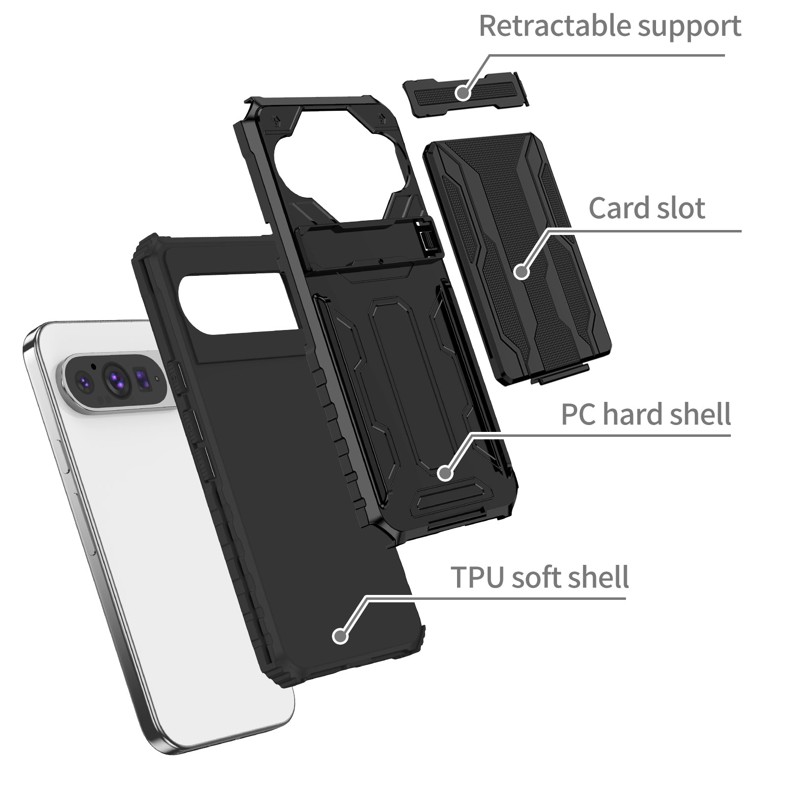 Google Pixel 9Pro Heavy Duty Kickstand Card Holder Case Shockproof Black