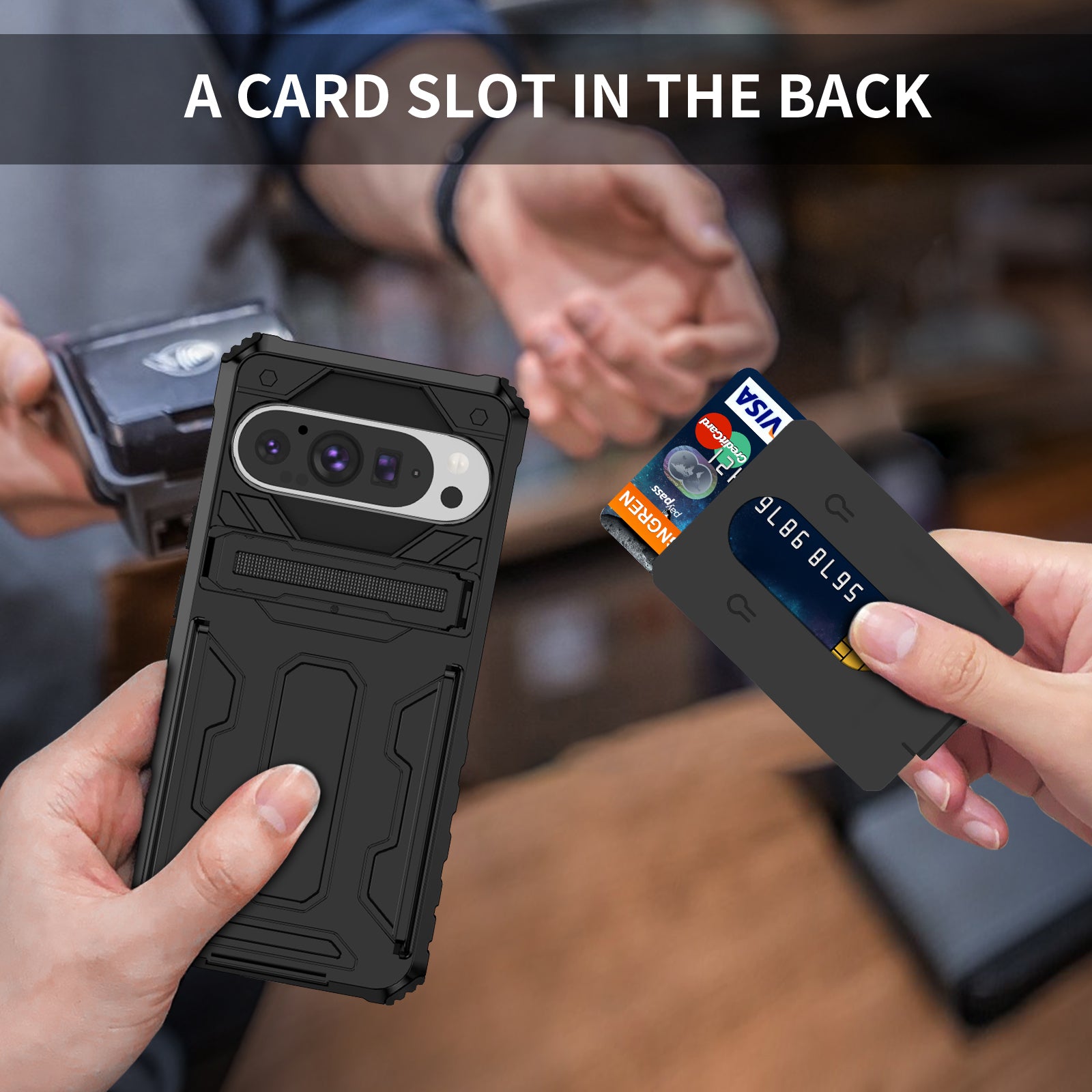 Google Pixel 9Pro Heavy Duty Kickstand Card Holder Case Shockproof Black