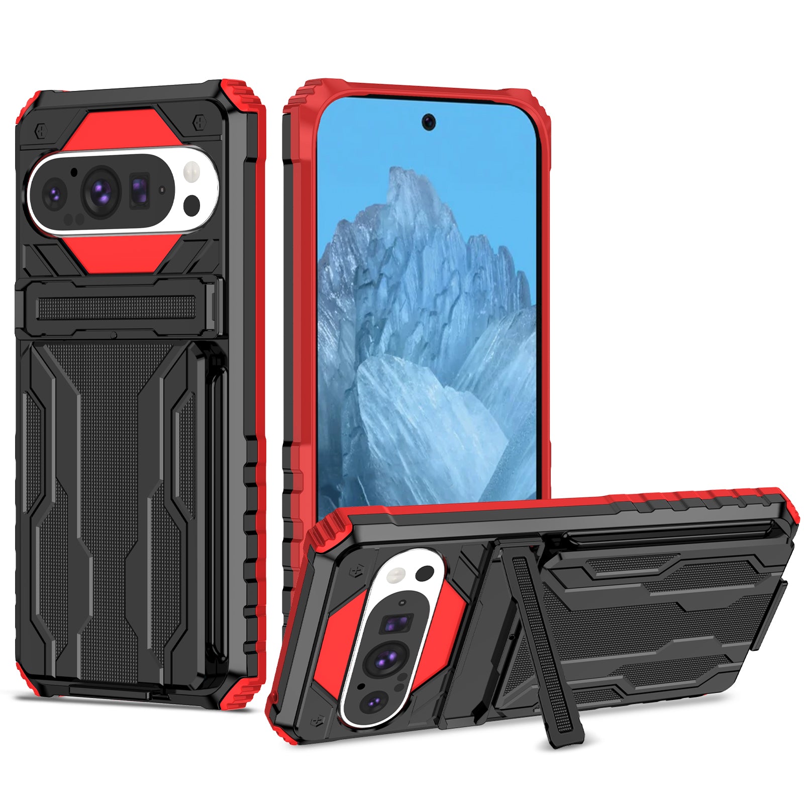 Google Pixel 9Pro Heavy Duty Kickstand Card Holder Case Shockproof Red