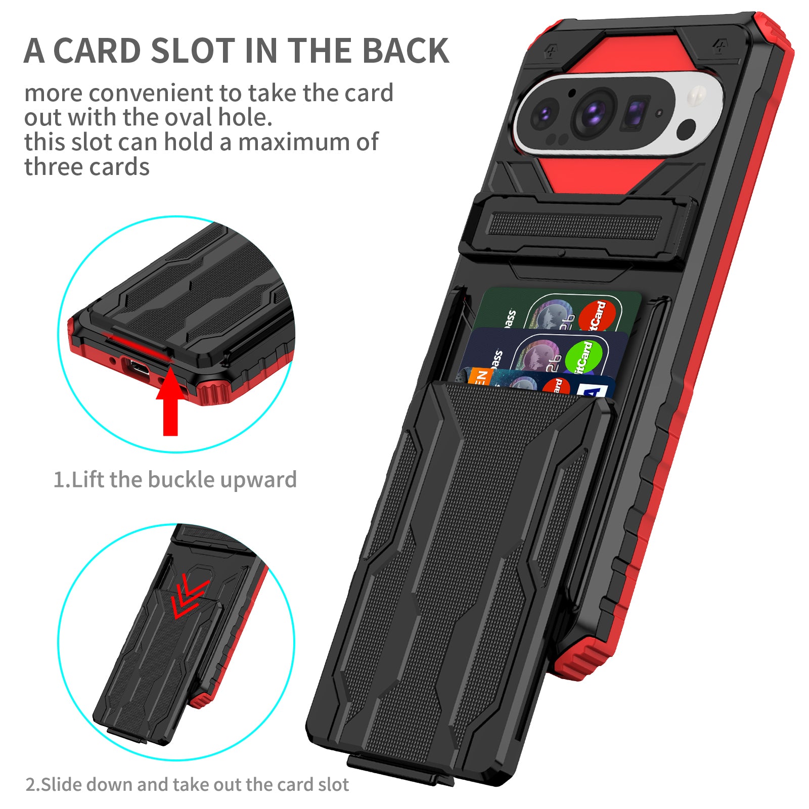Google Pixel 9Pro Heavy Duty Kickstand Card Holder Case Shockproof Red