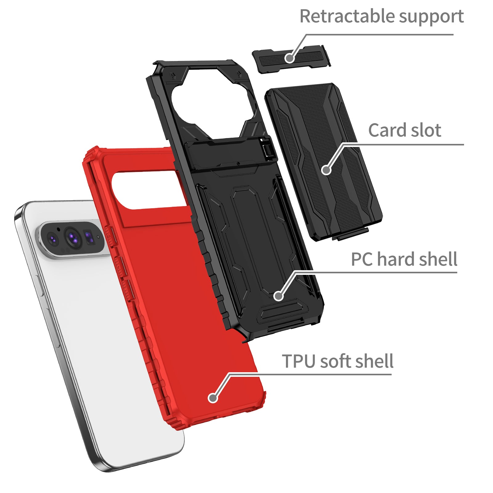 Google Pixel 9Pro Heavy Duty Kickstand Card Holder Case Shockproof Red