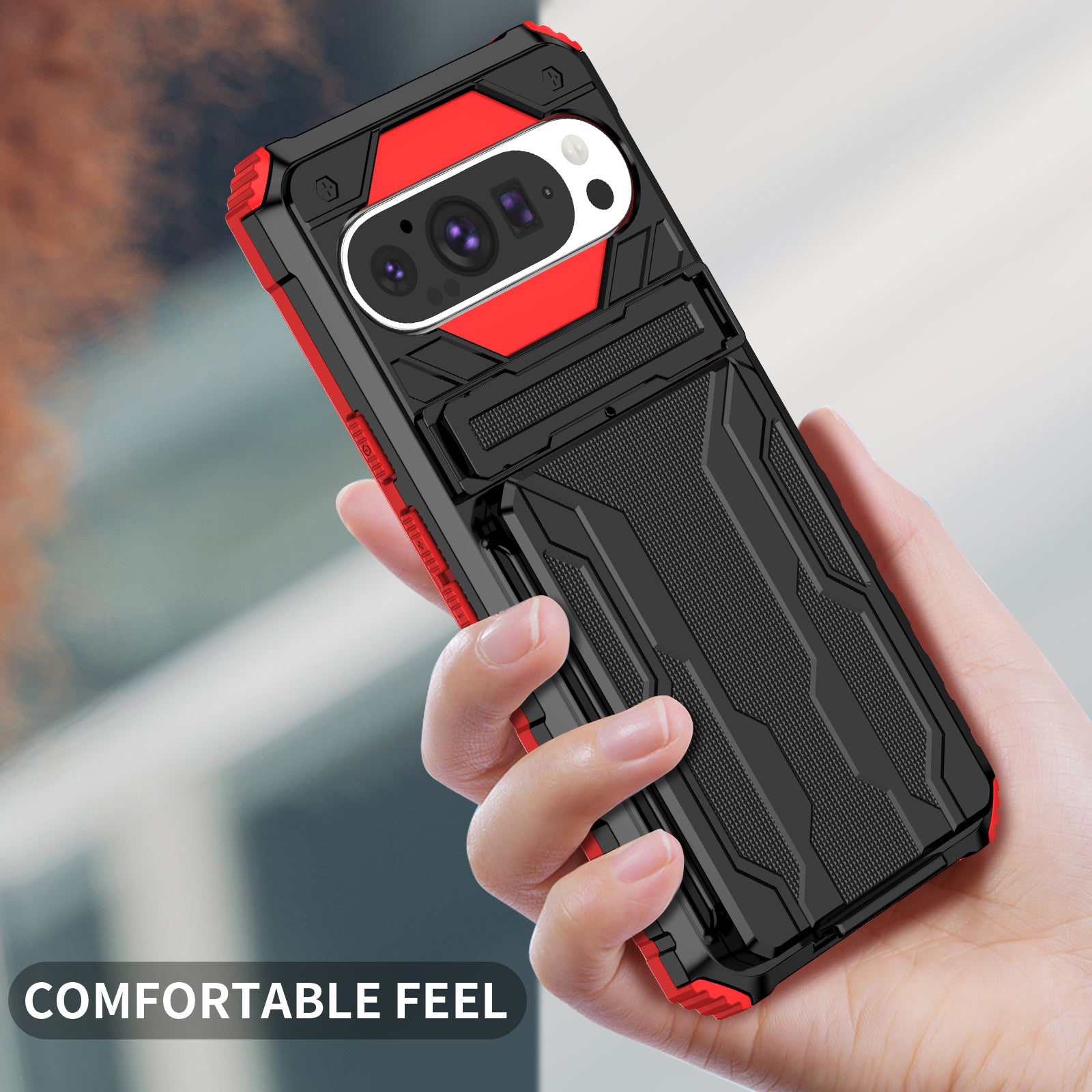 Google Pixel 9Pro Heavy Duty Kickstand Card Holder Case Shockproof Red