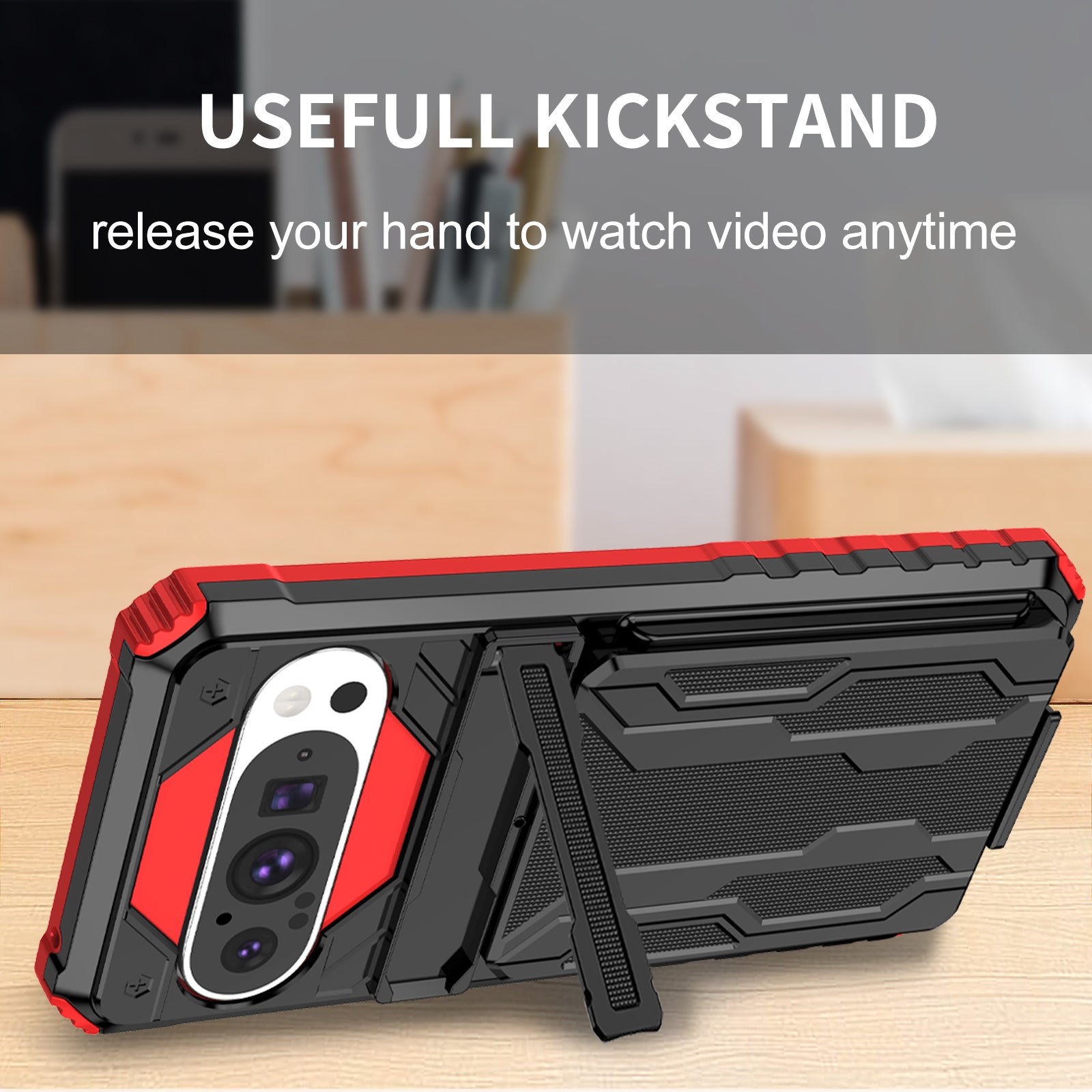 Google Pixel 9Pro Heavy Duty Kickstand Card Holder Case Shockproof Red