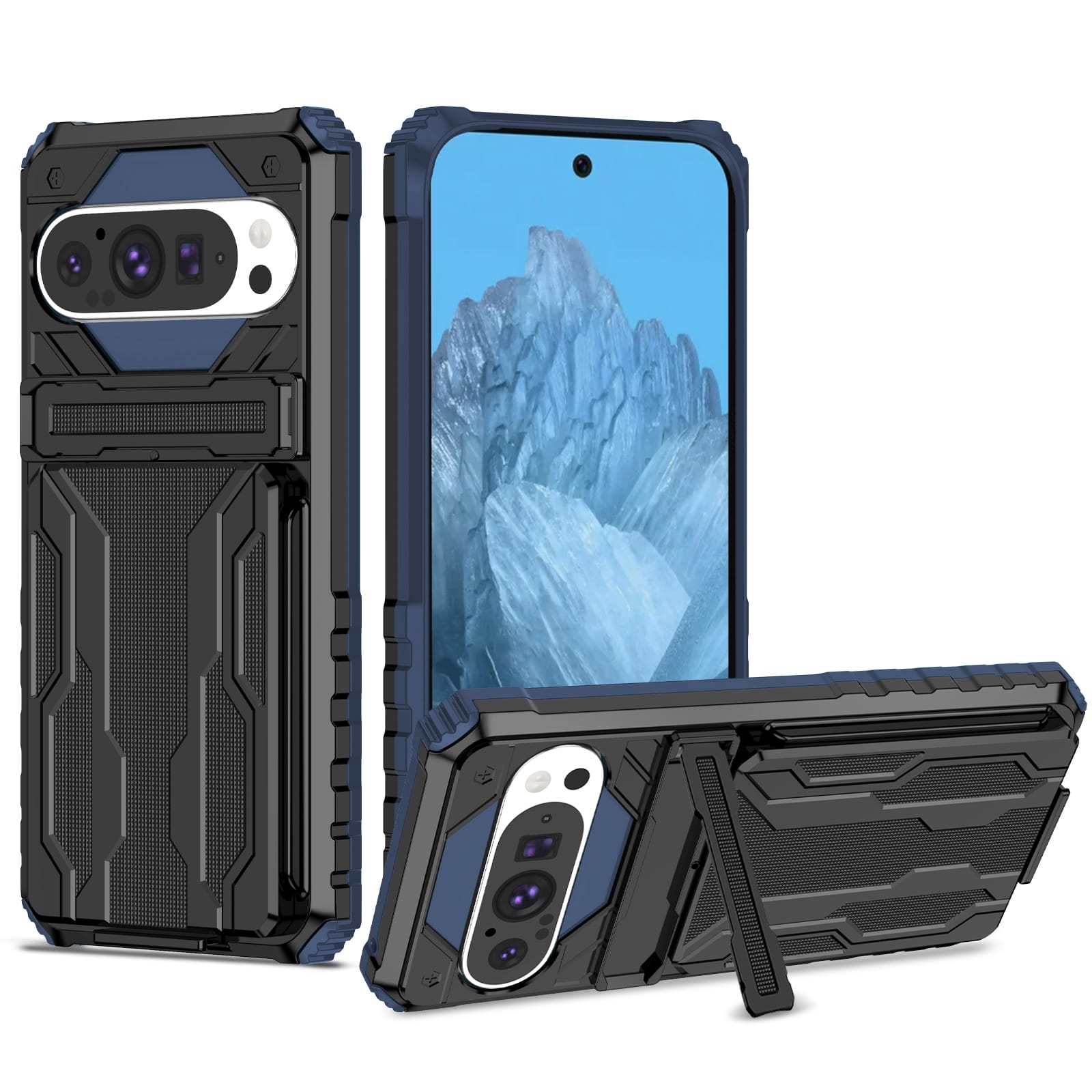 Google Pixel 9Pro Heavy Duty Kickstand Card Holder Case Shockproof Navy