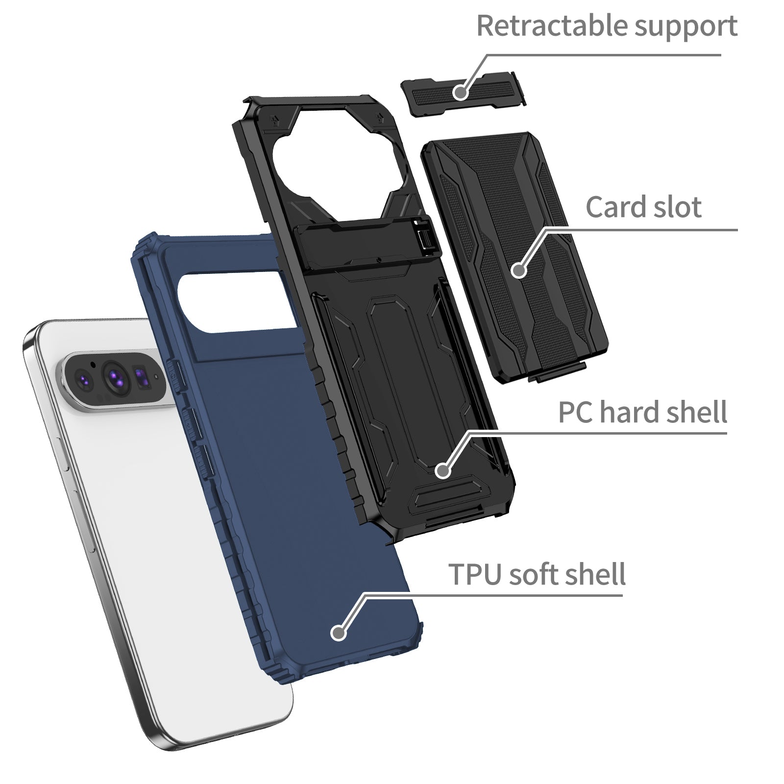 Google Pixel 9Pro Heavy Duty Kickstand Card Holder Case Shockproof Navy