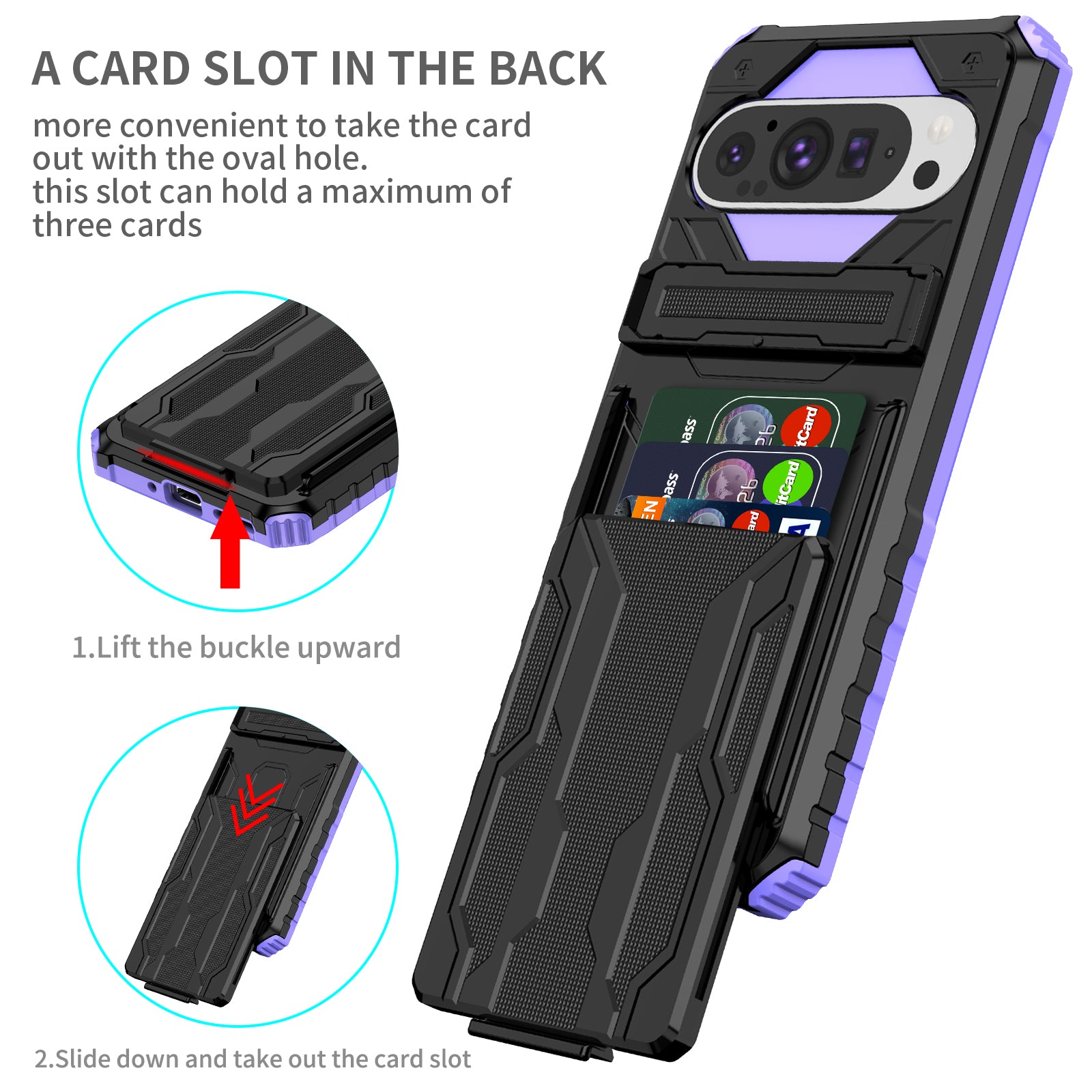 Google Pixel 9Pro Heavy Duty Kickstand Card Holder Case Shockproof Purple