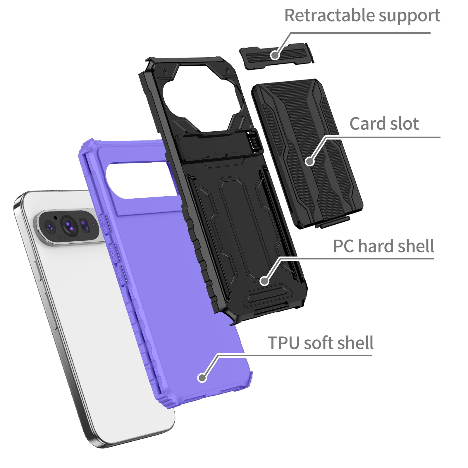 Google Pixel 9Pro Heavy Duty Kickstand Card Holder Case Shockproof Purple