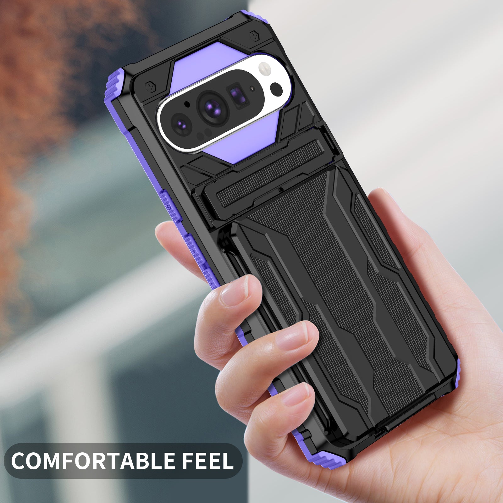 Google Pixel 9Pro Heavy Duty Kickstand Card Holder Case Shockproof Purple