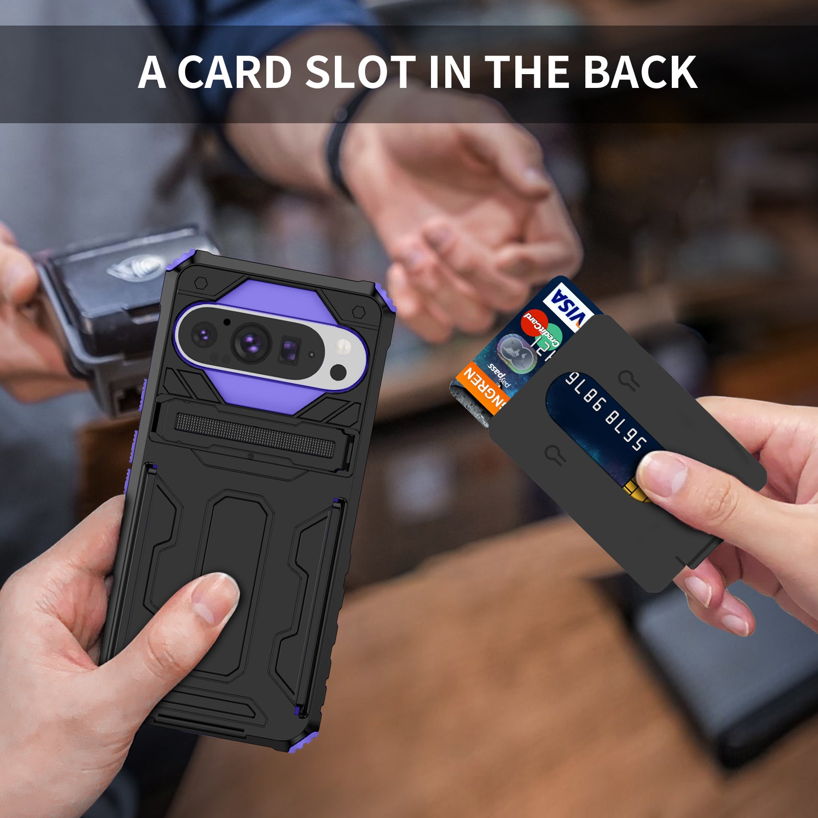 Google Pixel 9Pro Heavy Duty Kickstand Card Holder Case Shockproof Purple