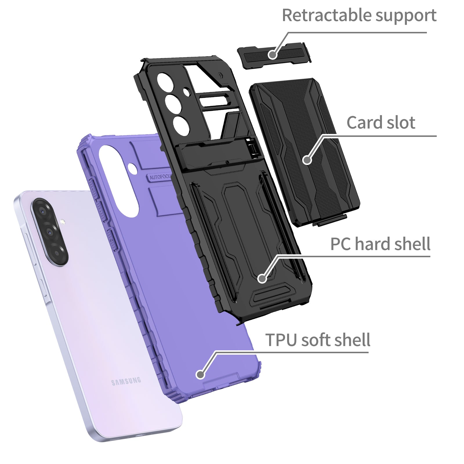 Samsung A56 5G Heavy Duty Kickstand Card Holder Case Shockproof Purple