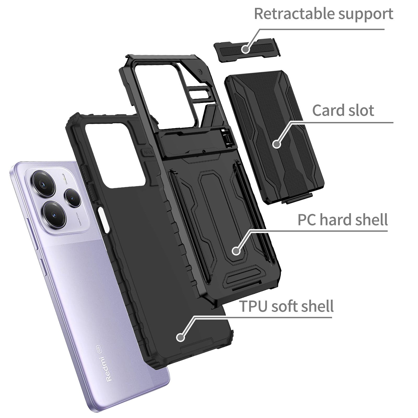 Xiaomi Redmi Note 14 5G Heavy Duty Kickstand Card Holder Case Shockproof Black