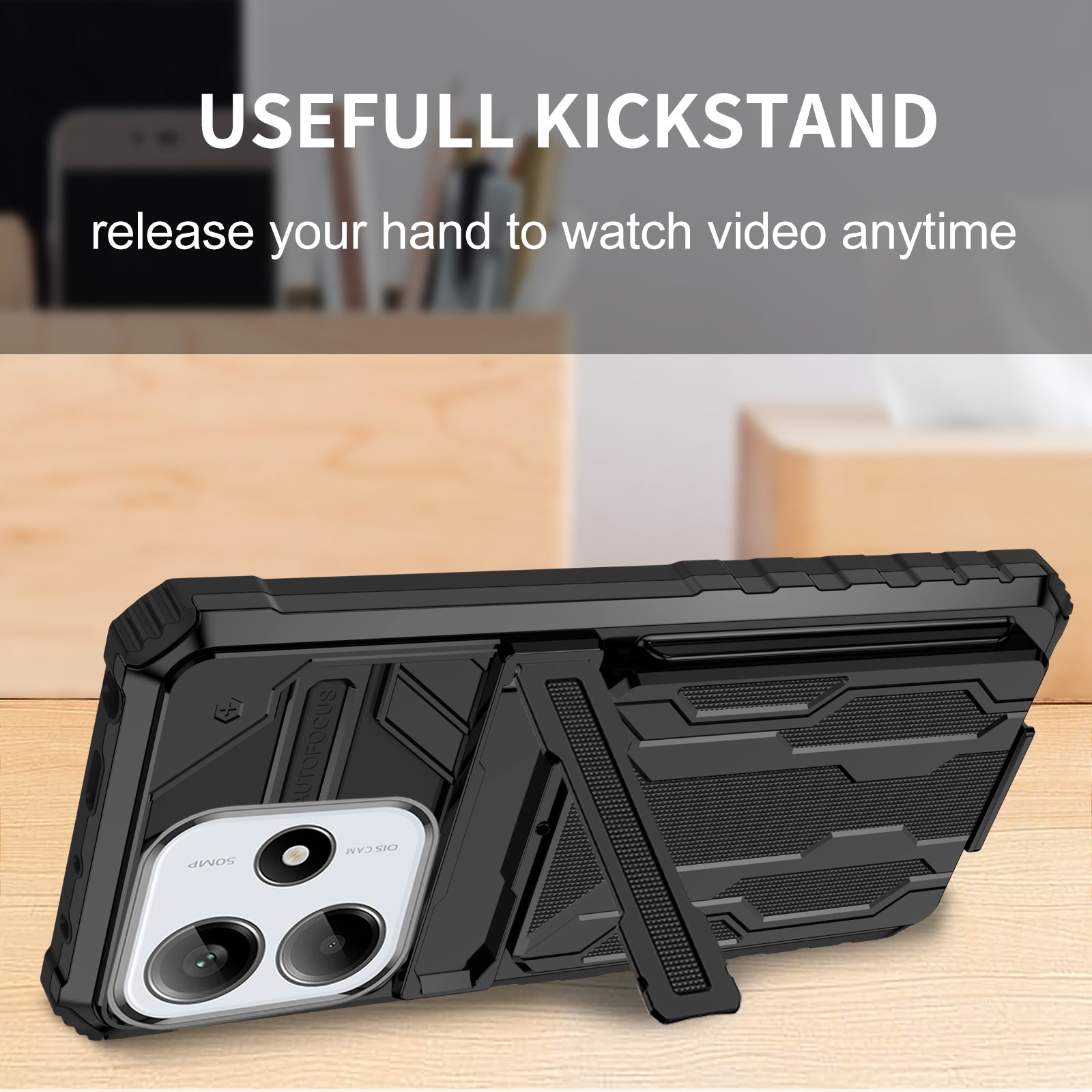 Xiaomi Redmi Note 14 5G Heavy Duty Kickstand Card Holder Case Shockproof Black