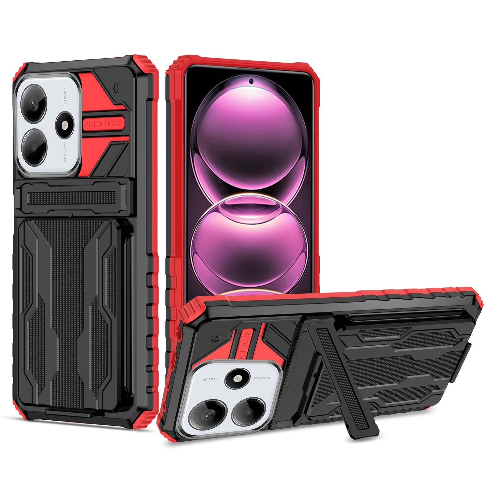 Xiaomi Redmi Note 14 5G Heavy Duty Kickstand Card Holder Case Shockproof Red