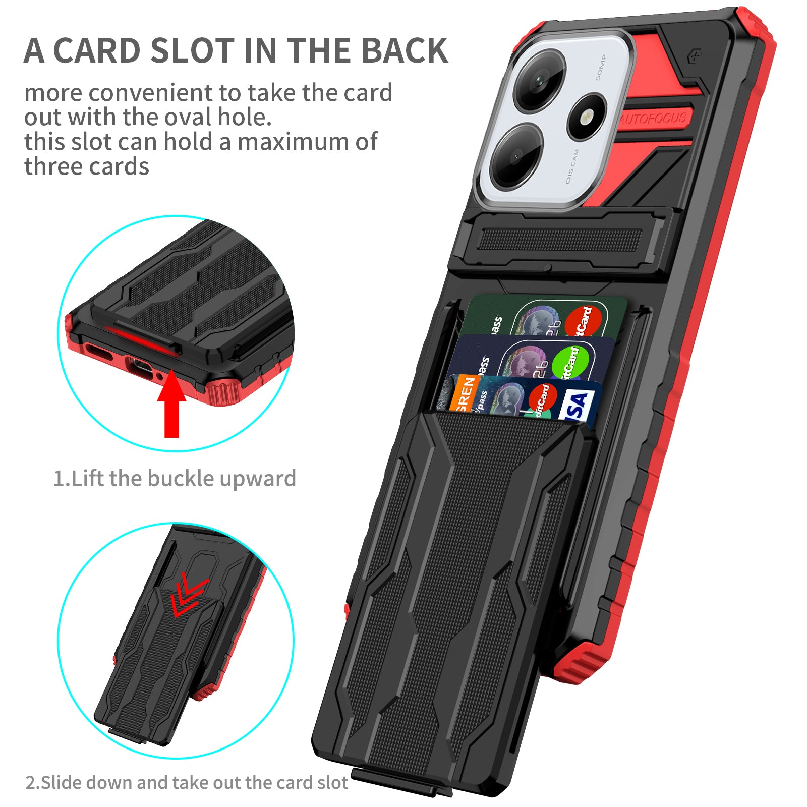 Xiaomi Redmi Note 14 5G Heavy Duty Kickstand Card Holder Case Shockproof Red