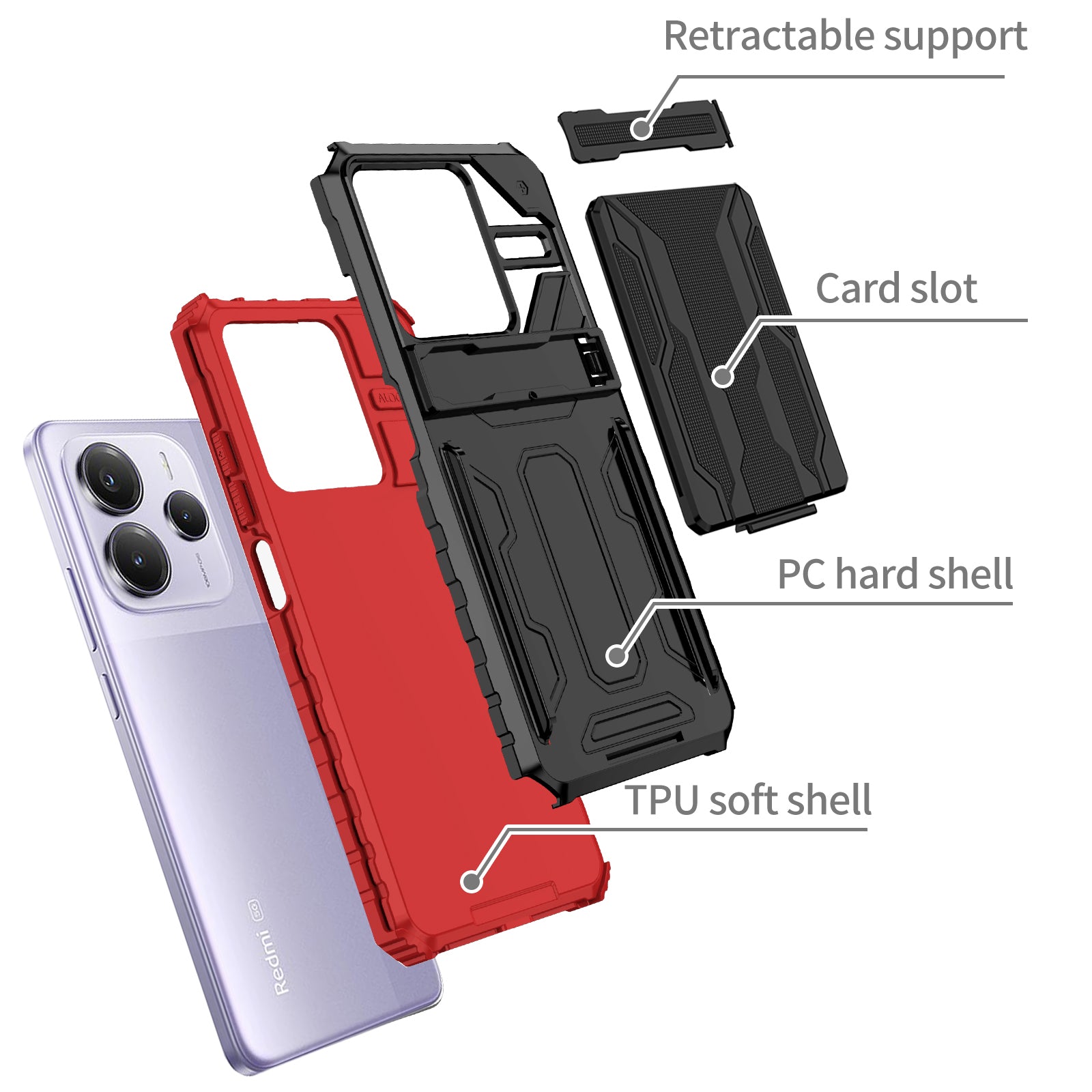 Xiaomi Redmi Note 14 5G Heavy Duty Kickstand Card Holder Case Shockproof Red
