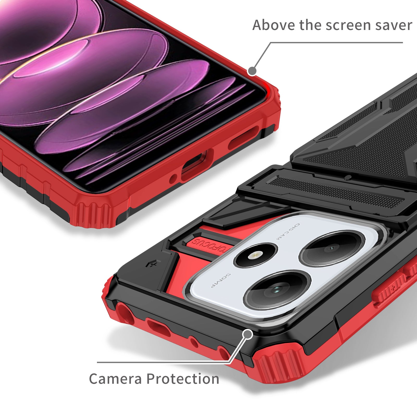 Xiaomi Redmi Note 14 5G Heavy Duty Kickstand Card Holder Case Shockproof Red