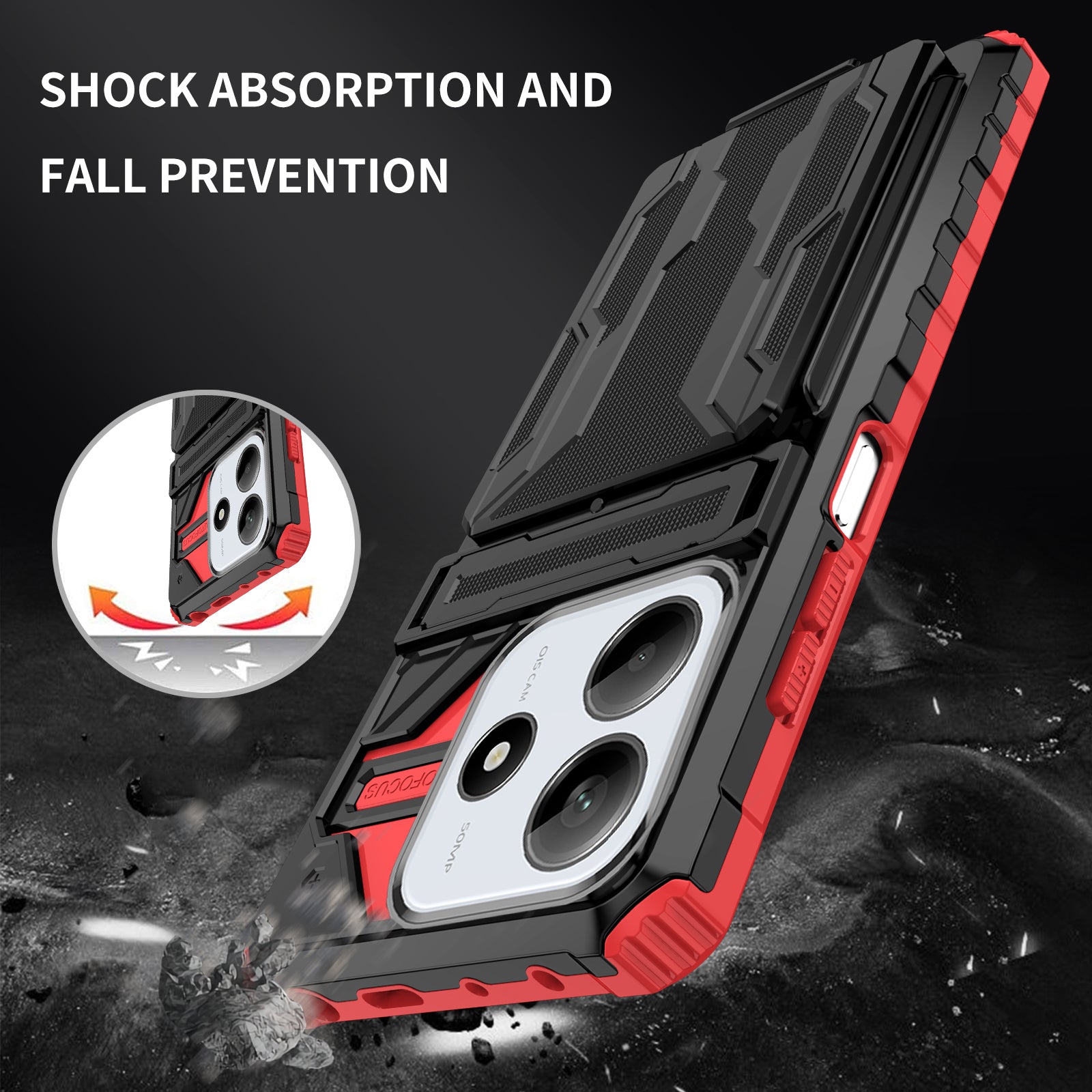 Xiaomi Redmi Note 14 5G Heavy Duty Kickstand Card Holder Case Shockproof Red