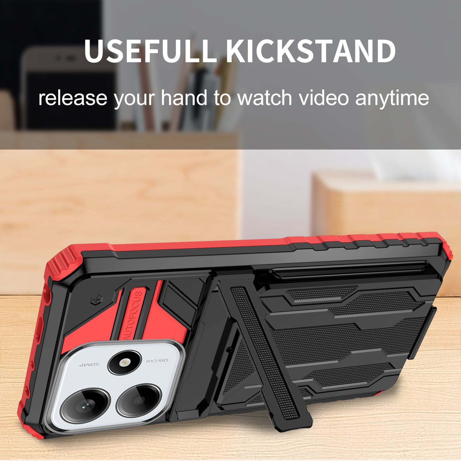Xiaomi Redmi Note 14 5G Heavy Duty Kickstand Card Holder Case Shockproof Red