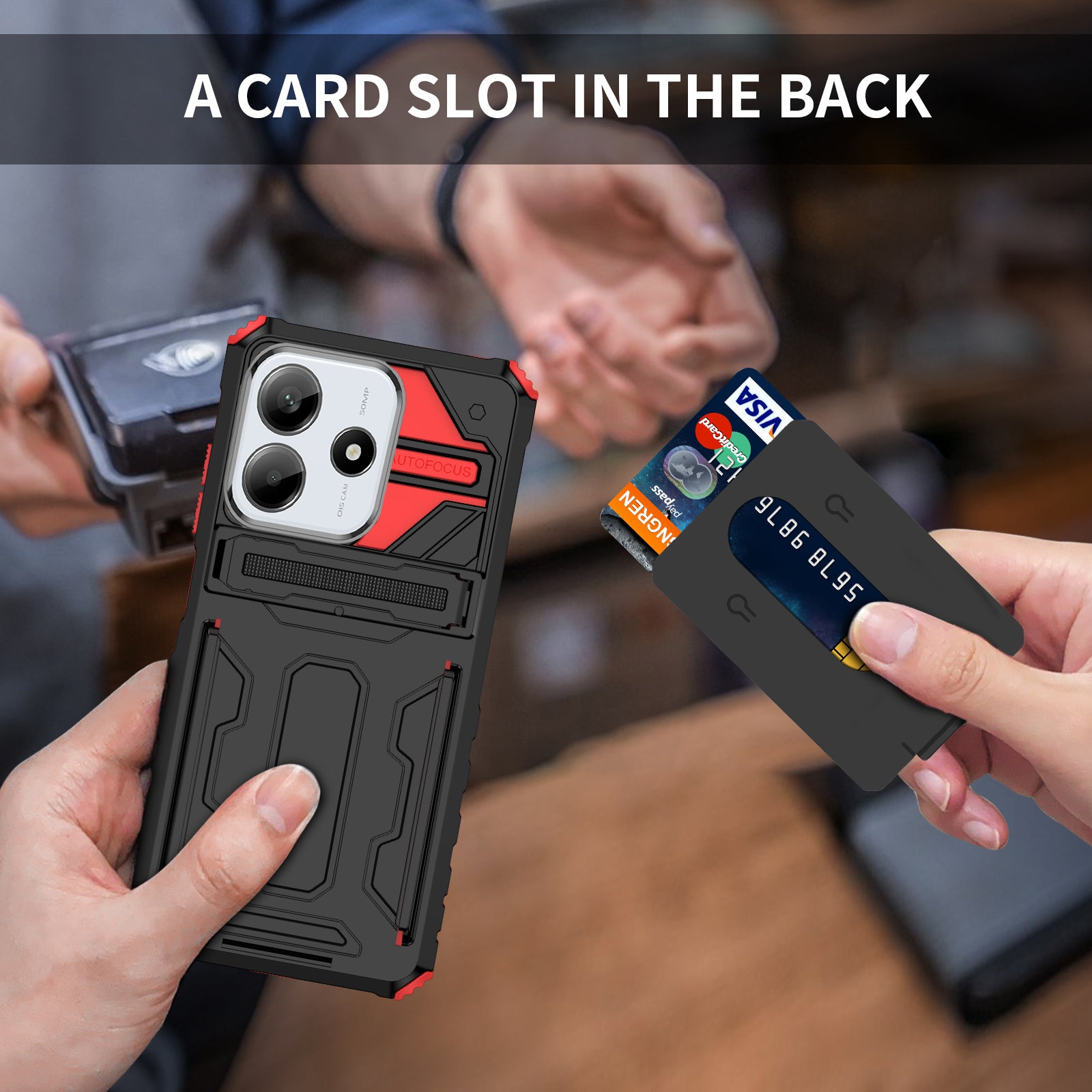 Xiaomi Redmi Note 14 5G Heavy Duty Kickstand Card Holder Case Shockproof Red