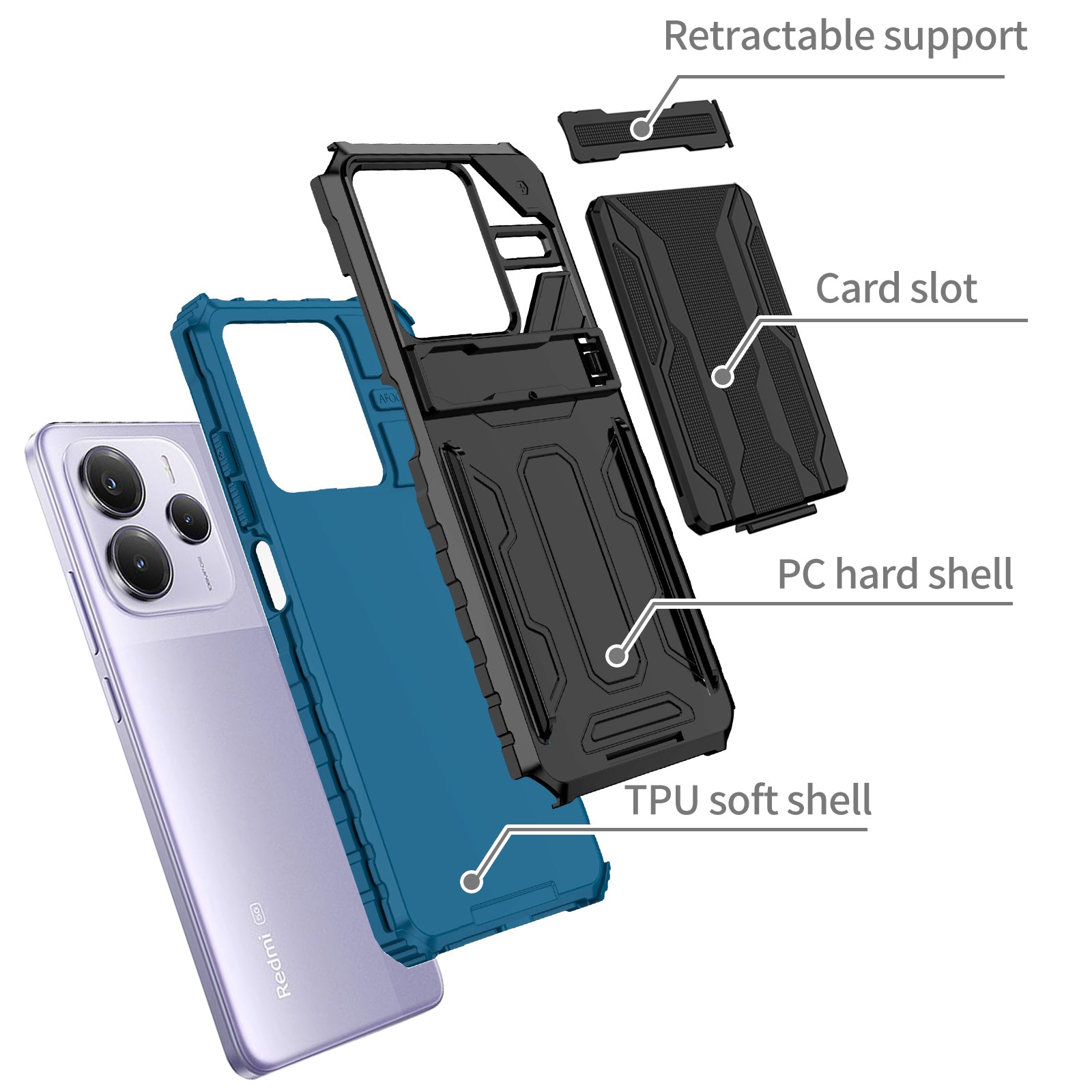 Xiaomi Redmi Note 14 5G Heavy Duty Kickstand Card Holder Case Shockproof Navy