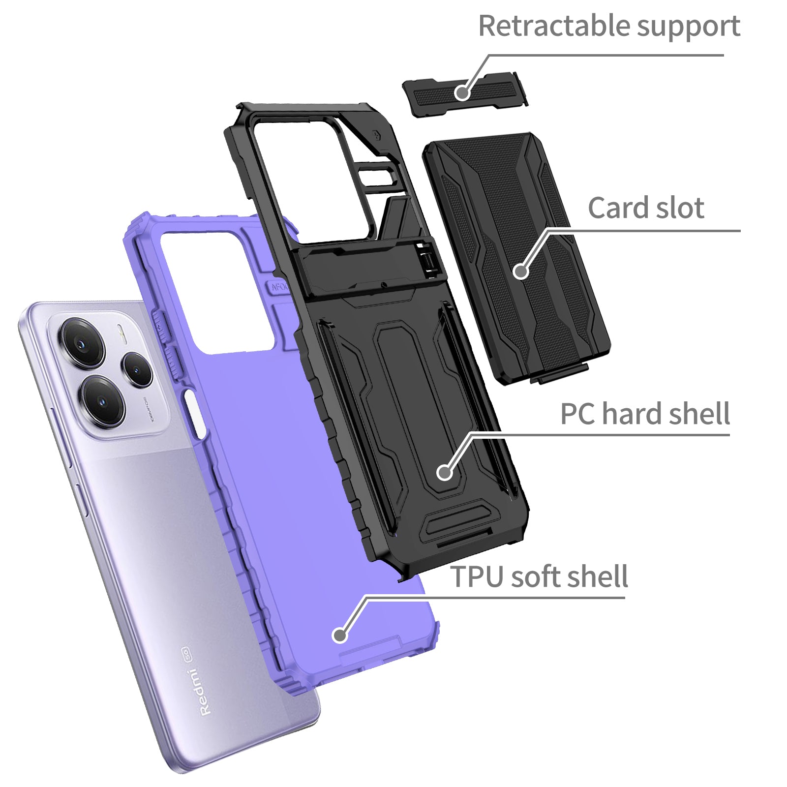 Xiaomi Redmi Note 14 5G Heavy Duty Kickstand Card Holder Case Shockproof Purple