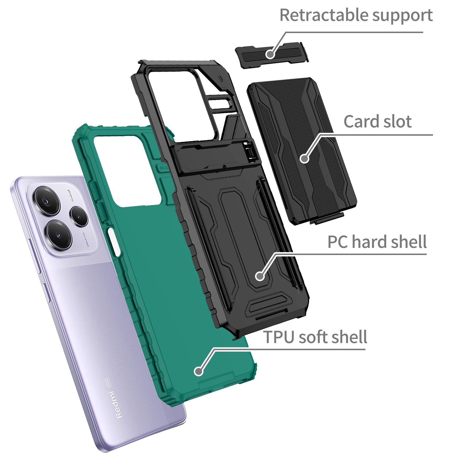 Xiaomi Redmi Note 14 5G Heavy Duty Kickstand Card Holder Case Shockproof Teal