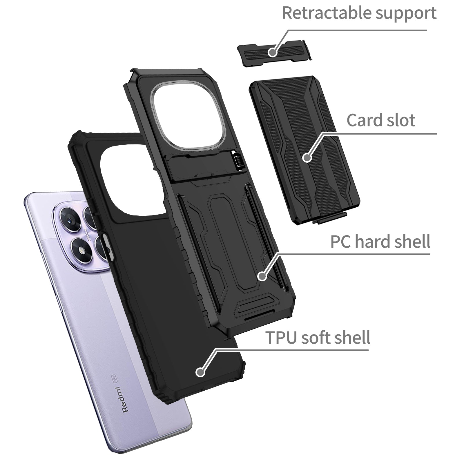 Xiaomi Redmi Note 14 Pro 5G Heavy Duty Kickstand Card Holder Case Shockproof Black